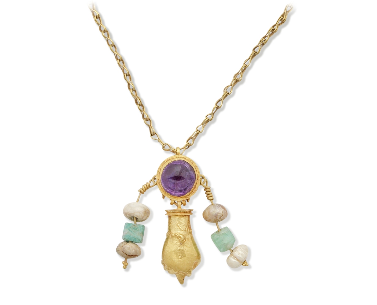 A Roman gold, amethyst, pearl and emerald pendant