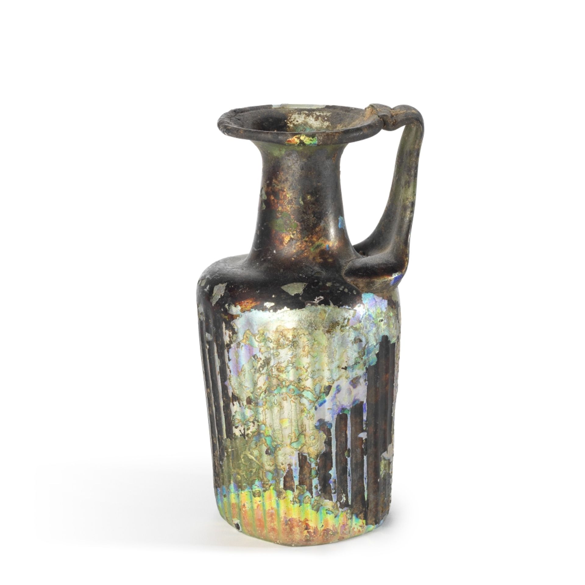 A Roman highly iridescent glass fluted jug
