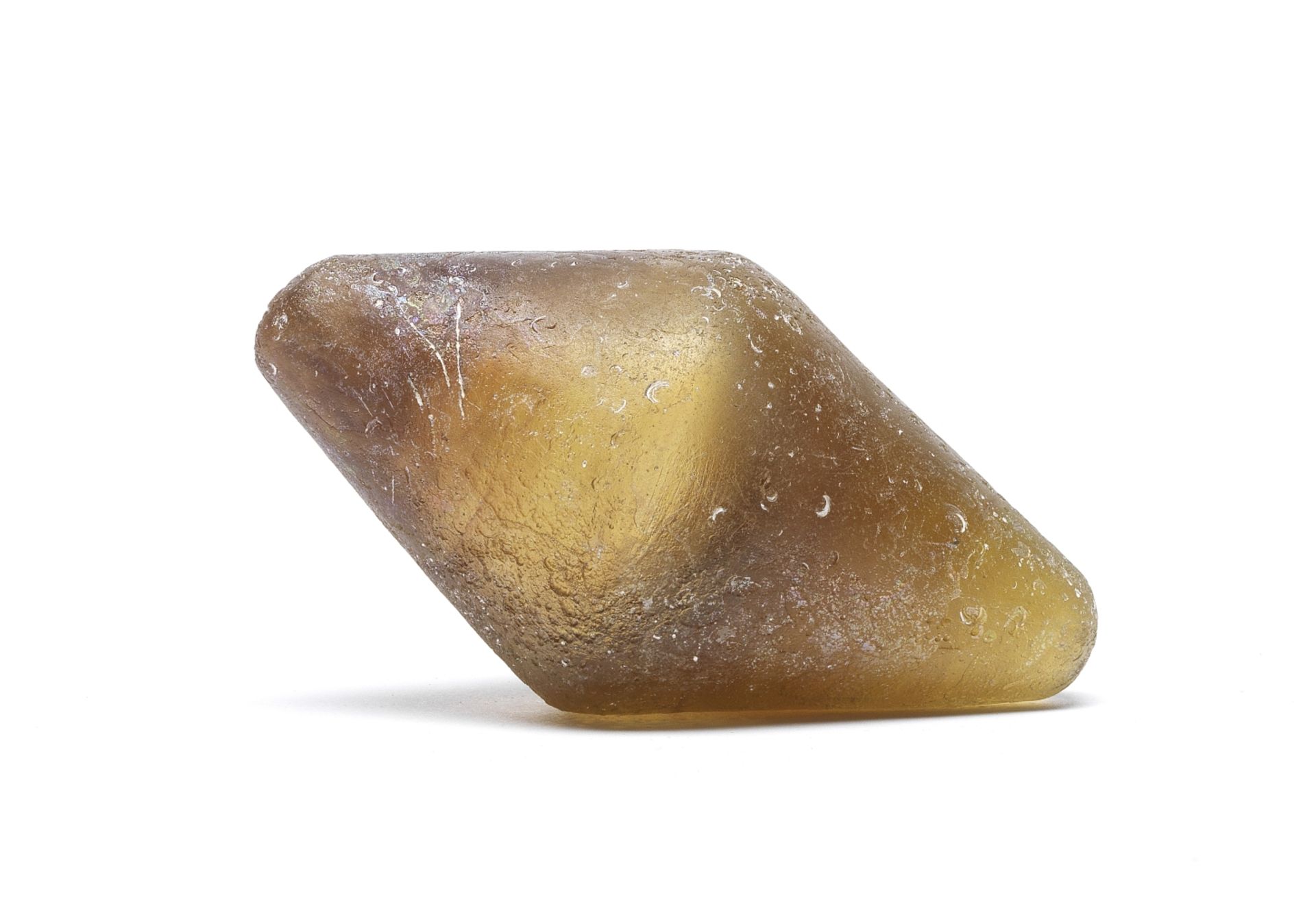 A large Roman amber solid glass biconical stopper