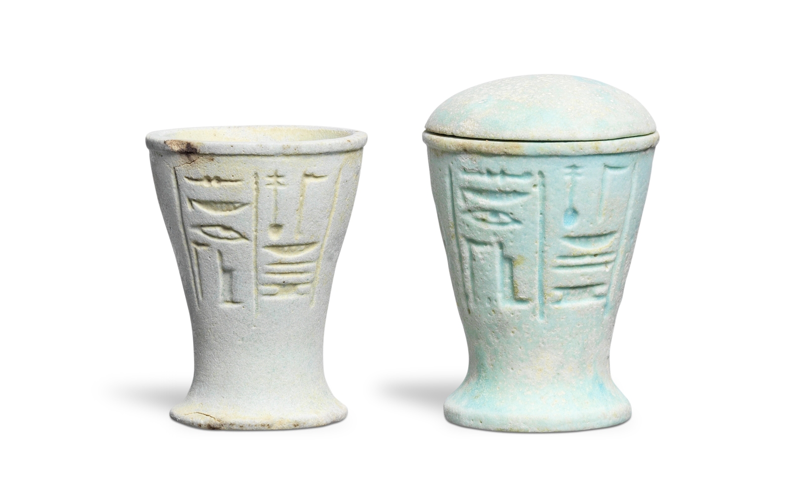 Two Egyptian pale blue glazed faience funerary cups 2