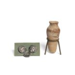 Two Attica silver tetradrachms and a Greek silver nomos an Egyptian miniature Middle Kingdom pott...
