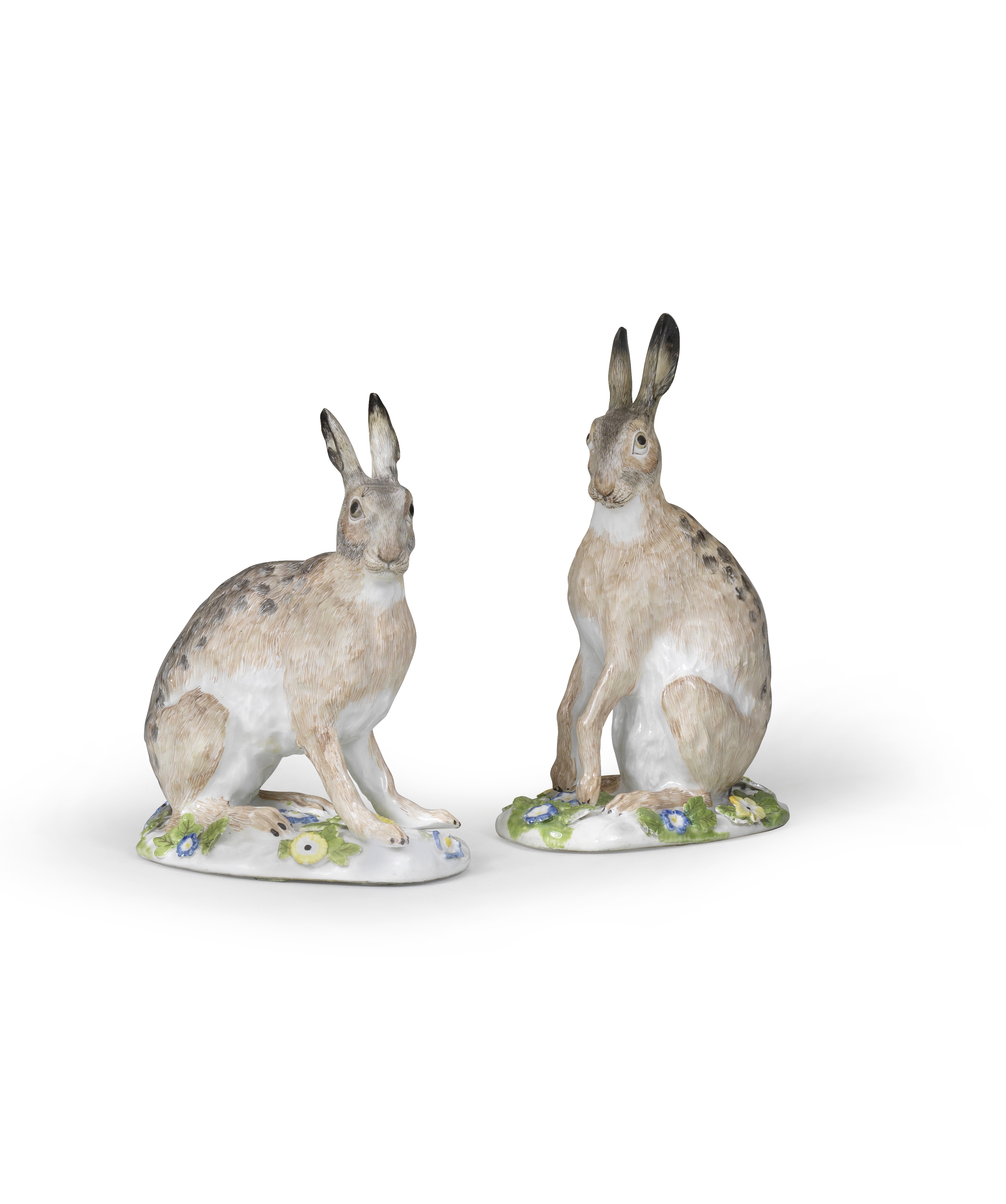 A pair of Meissen models of hares, circa 1750