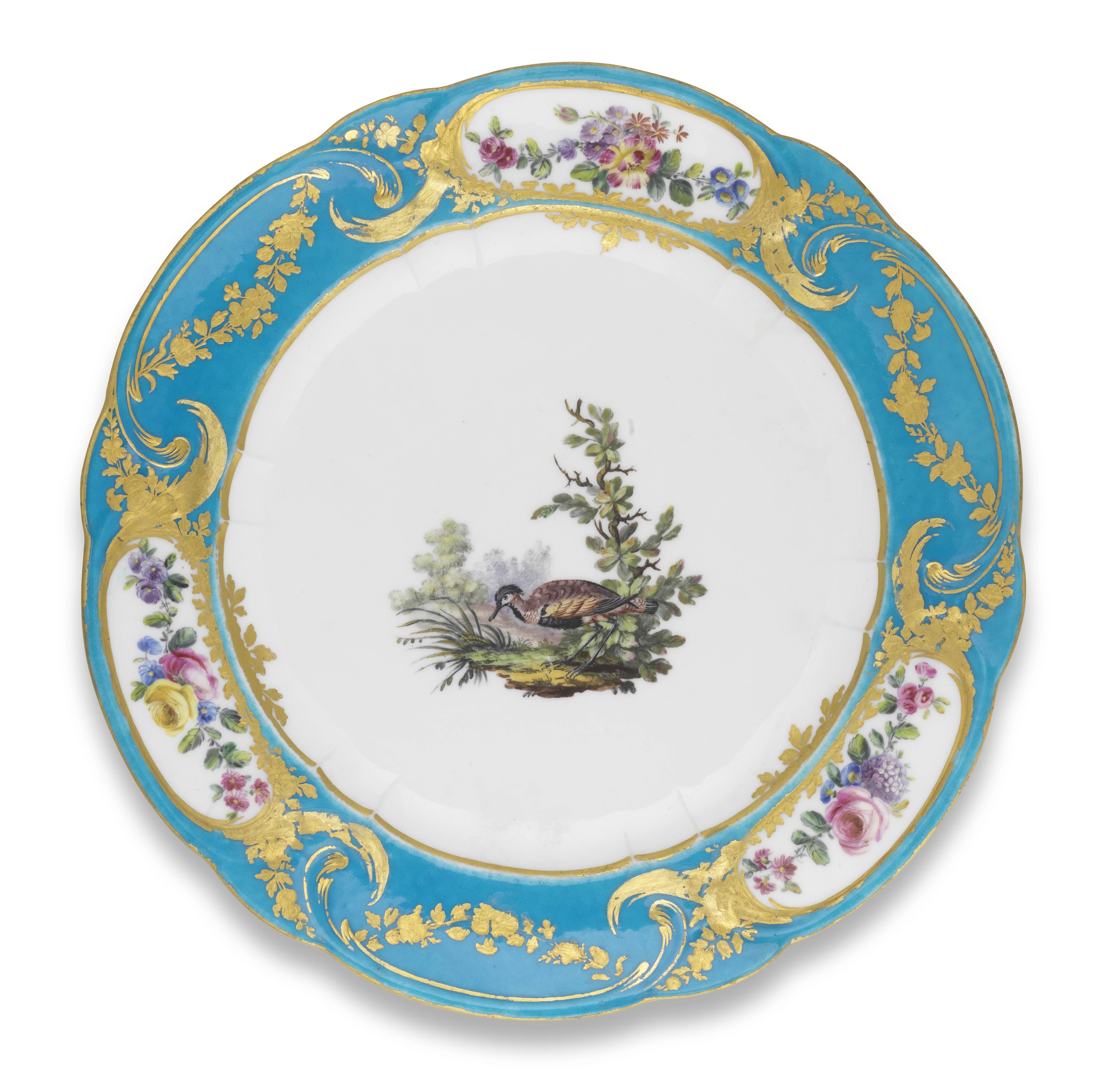 A S&#232;vres bleu c&#233;leste-ground plate from the service for the baron de Breteuil, dated 1768
