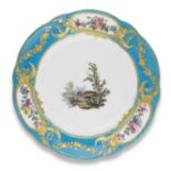 A S&#232;vres bleu c&#233;leste-ground plate from the service for the baron de Breteuil, dated 1768