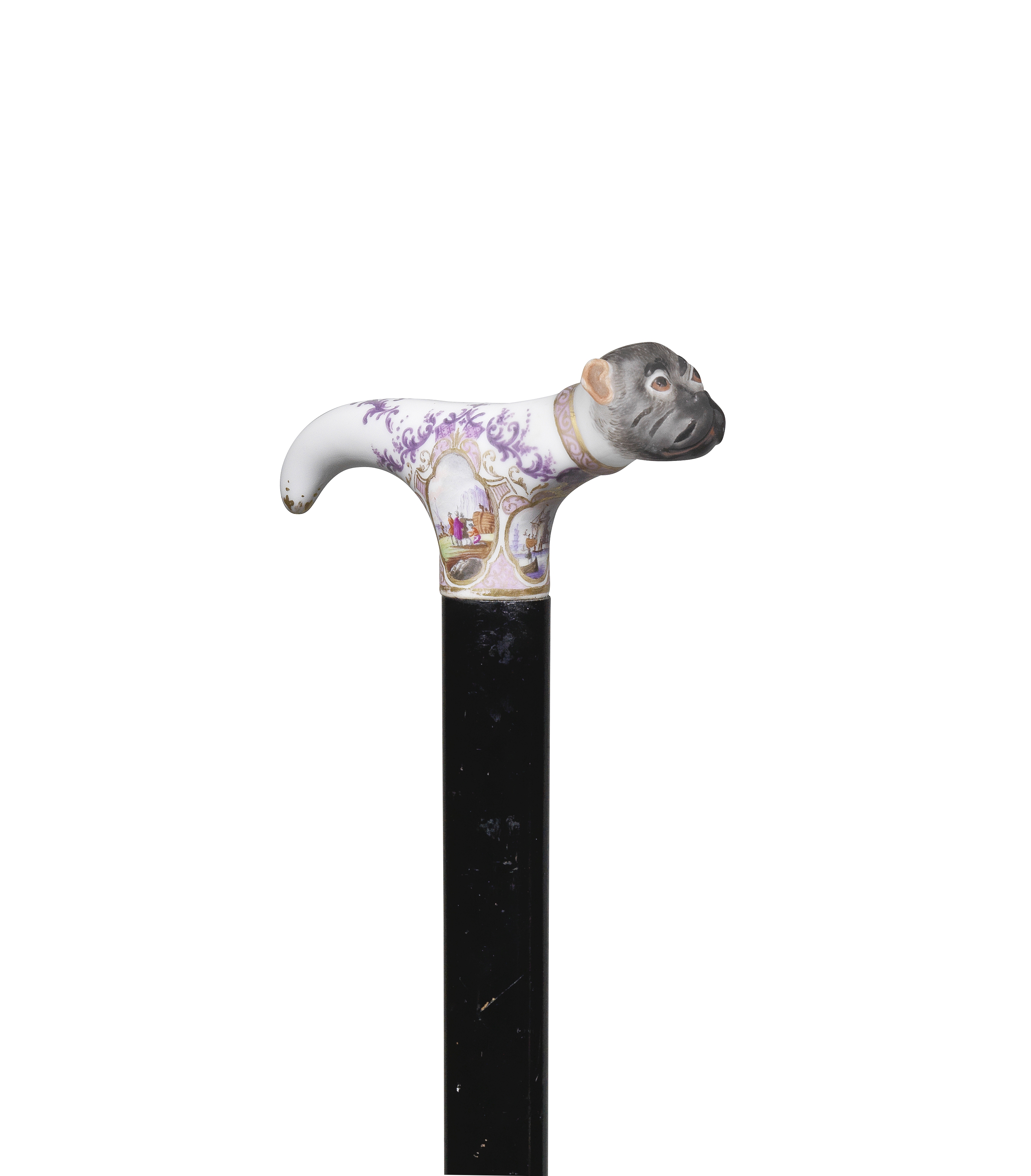 A German porcelain cane handle in the shape of a pug, late 19th century