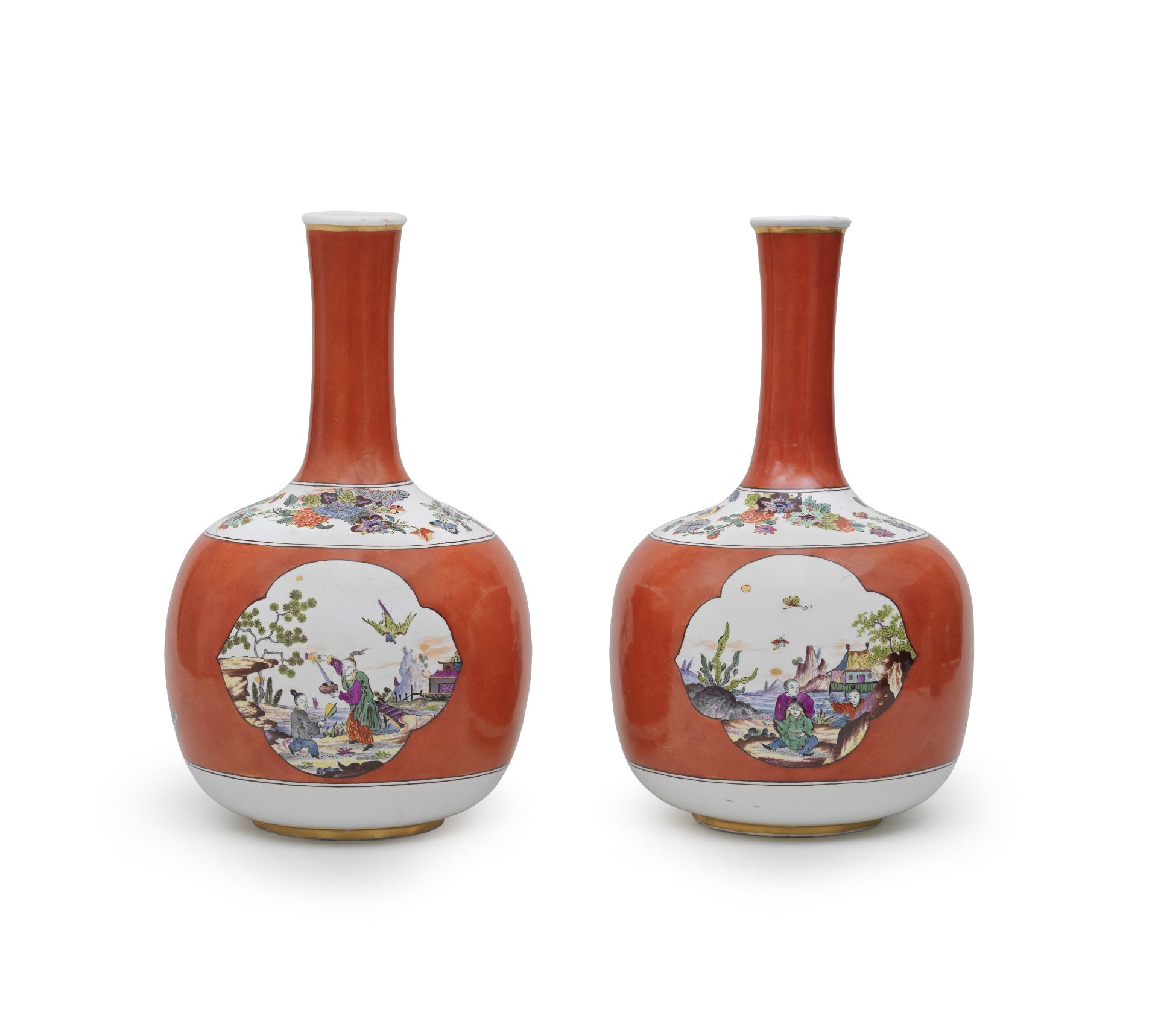 An extremely rare pair of Meissen red-ground bottle vases, circa 1735