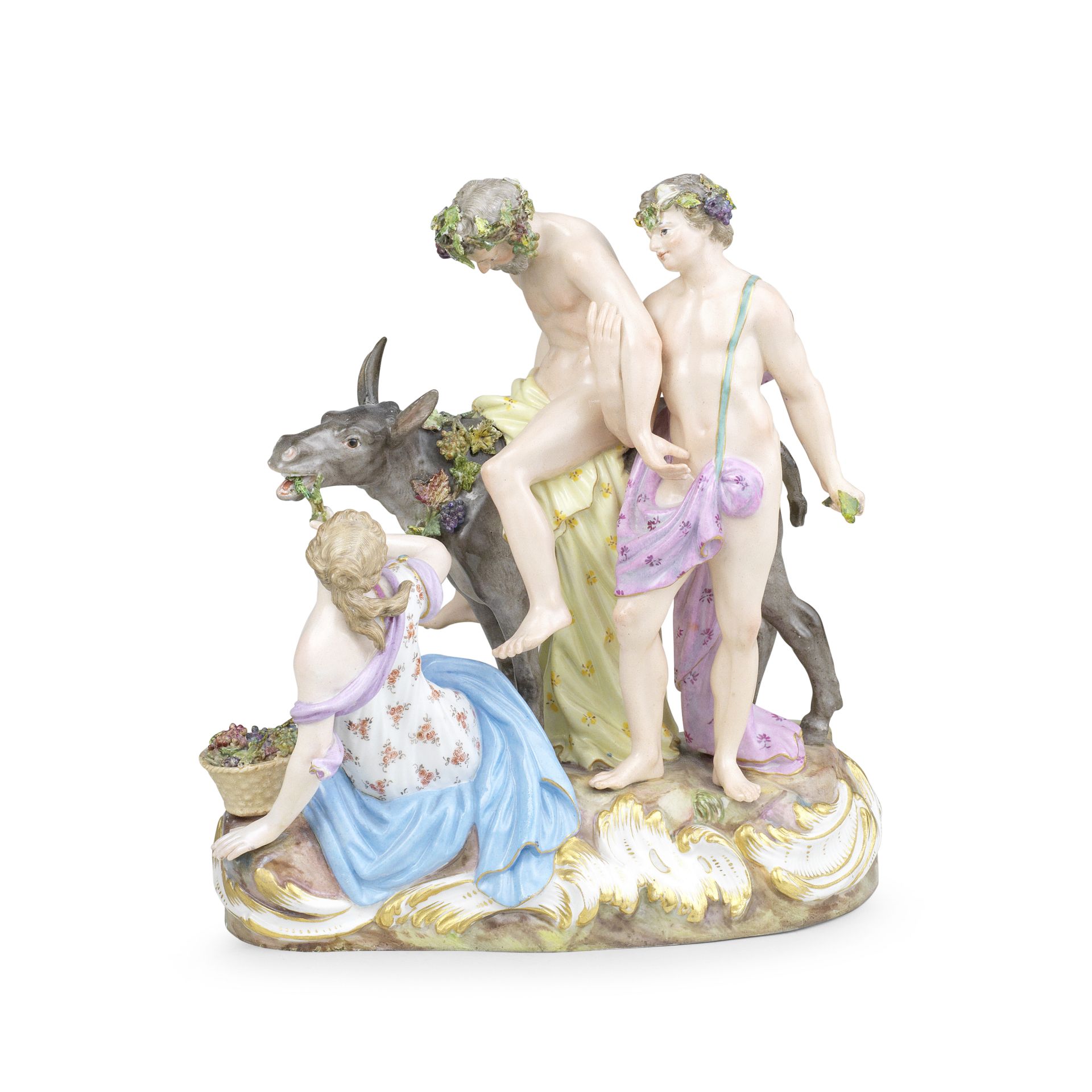 A Meissen group of the drunken Silenus, late 19th century, together with three Meissen figures, 1...