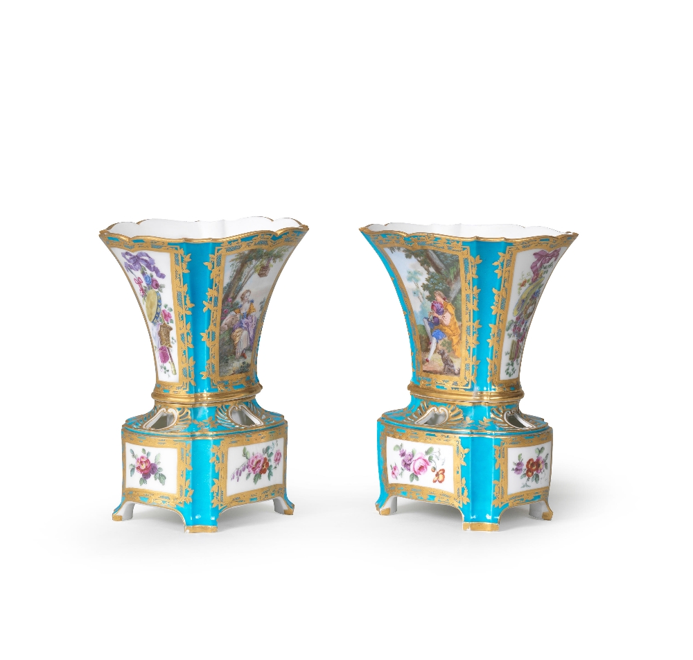 A pair of S&#232;vres blue-c&#233;leste ground flower vases (vases 'hollandois nouveau ovale'), d... - Image 4 of 6