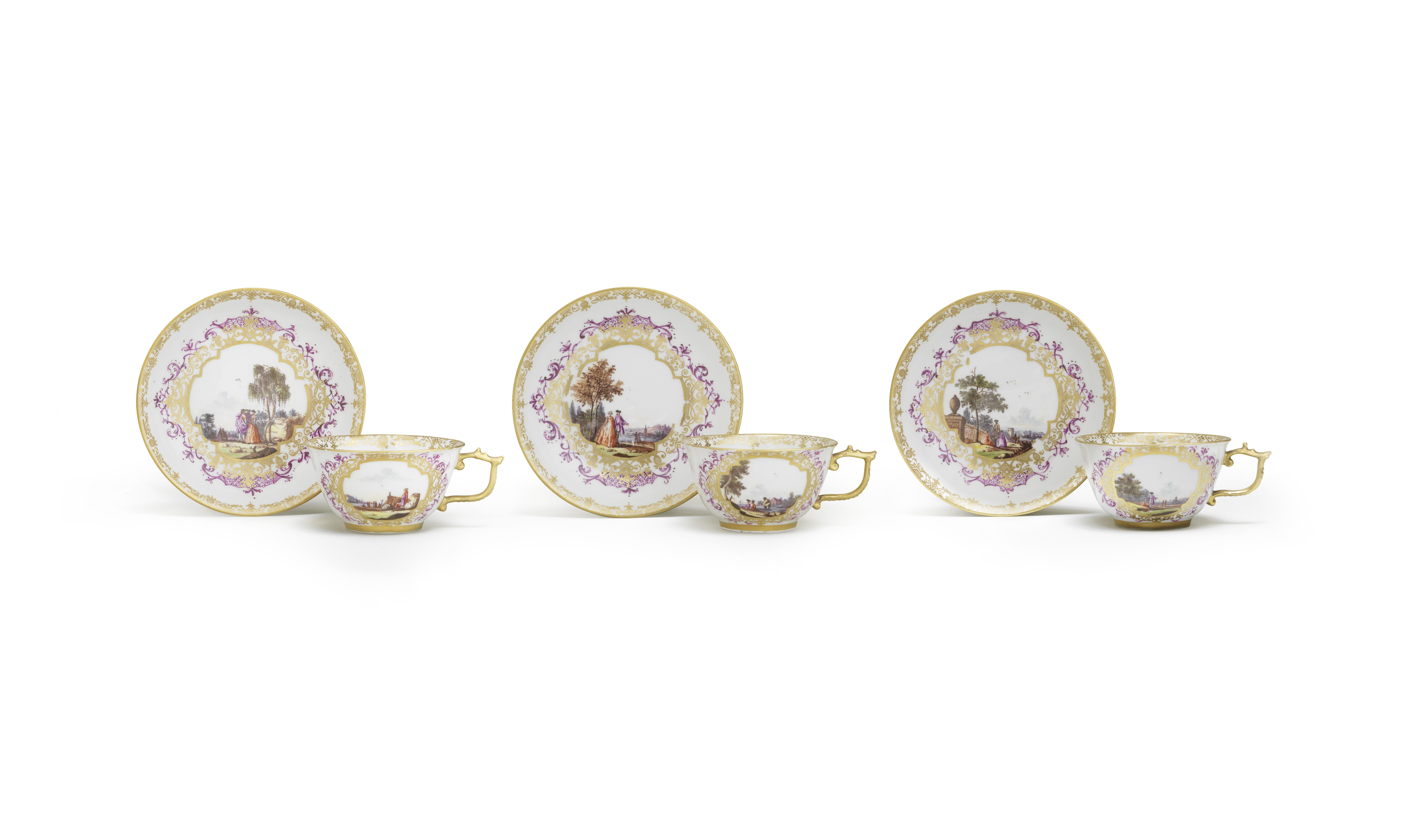 Three Meissen teacups and saucers, mid 18th century