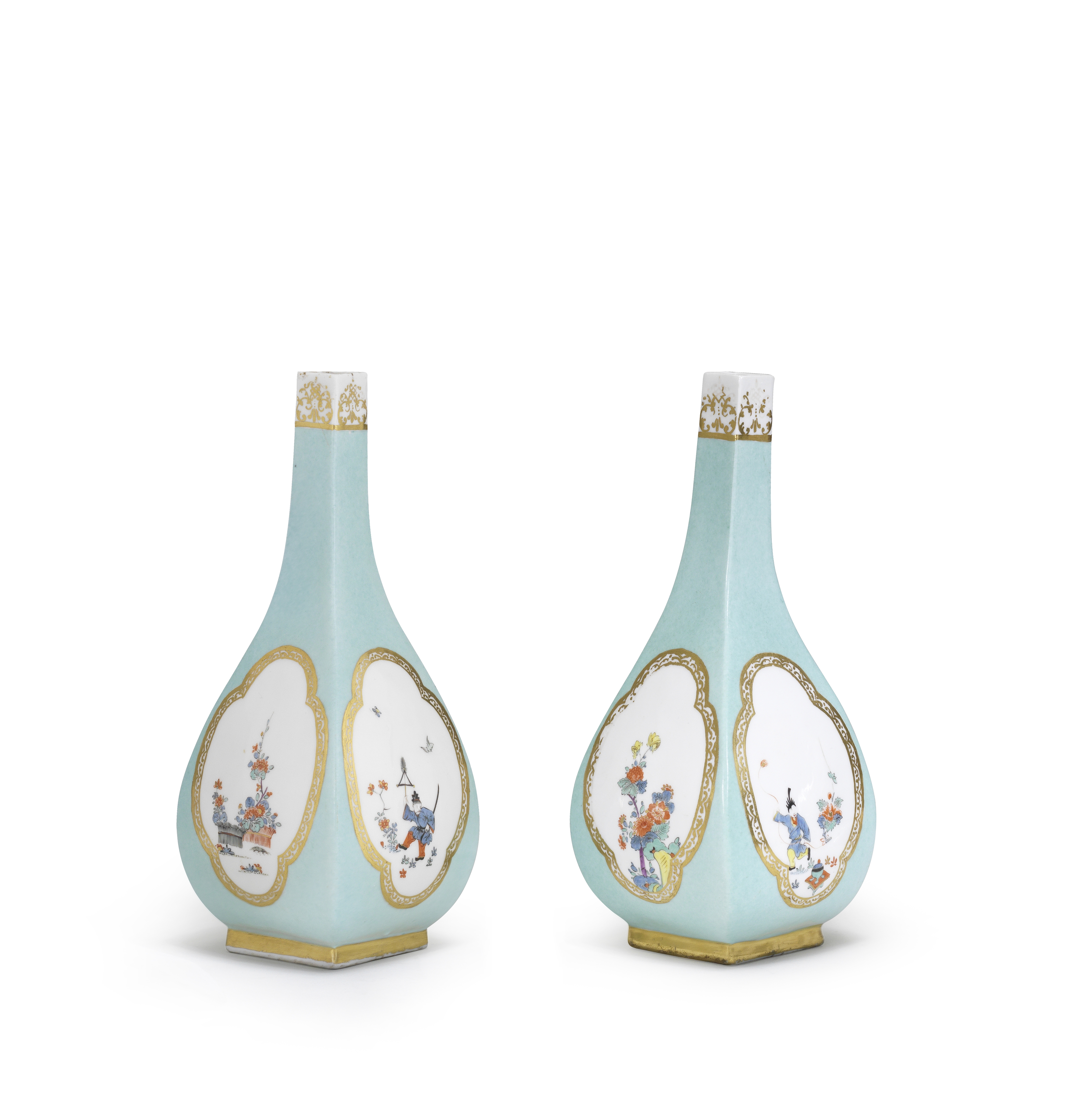 A pair of Meissen turquoise-ground sake bottles, circa 1733-34