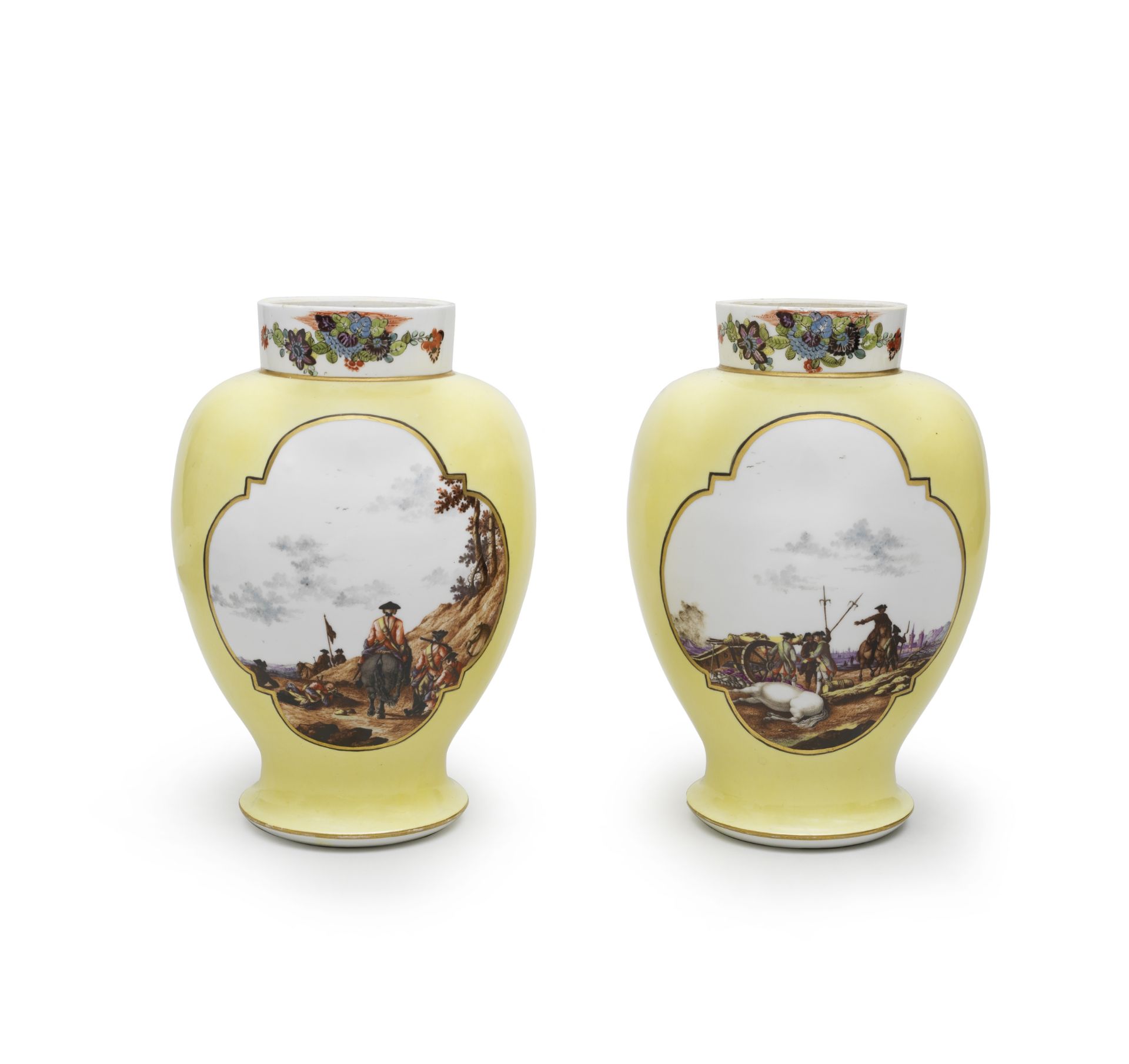 A pair of Meissen yellow-ground Augustus Rex vases, circa 1735-40