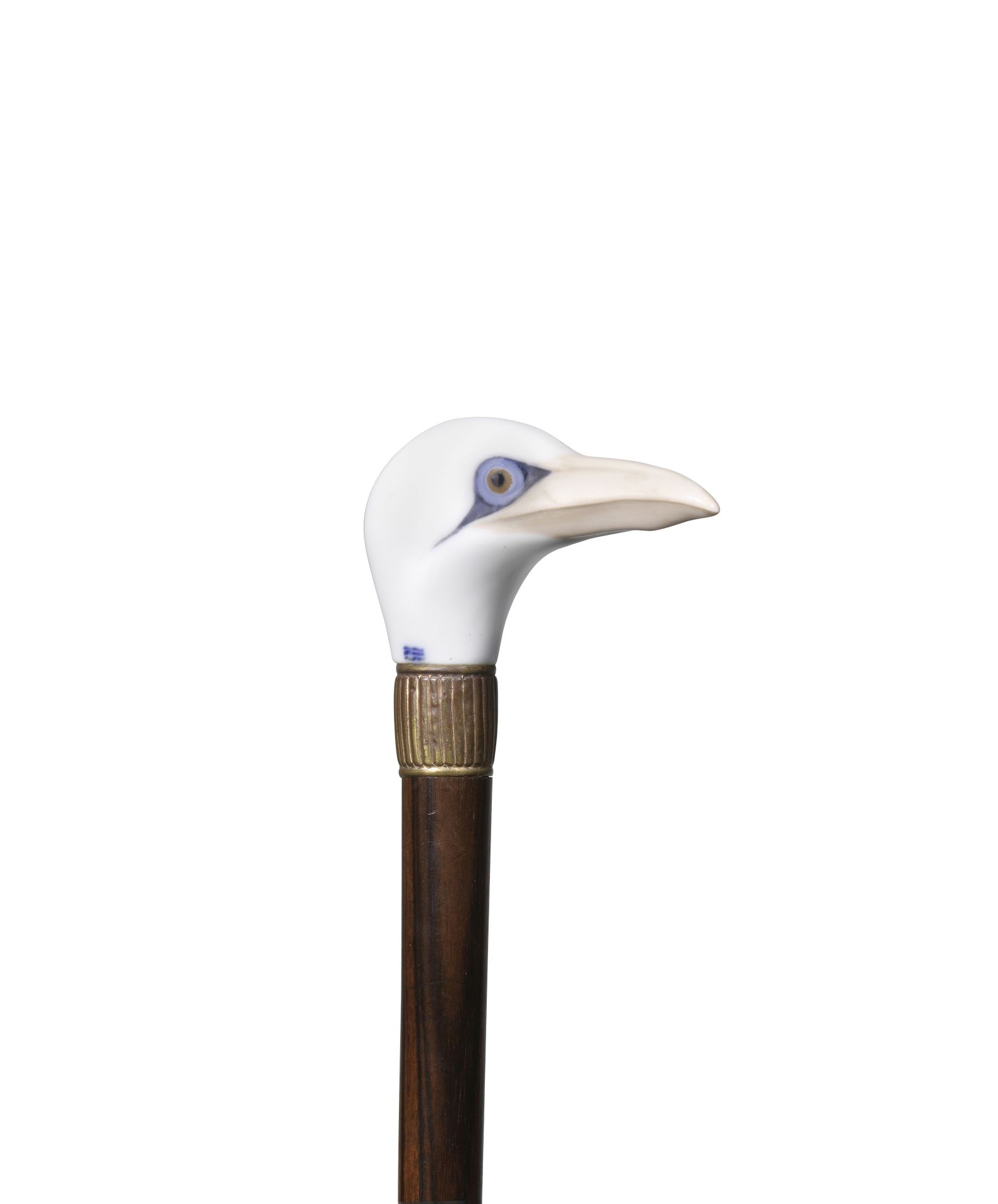 A Royal Copenhagen porcelain cane handle in the shape of a bird's head, early 20th century