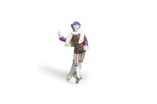 A Meissen later-decorated figure of Scaramouche from the Duke of Weissenfels series, the porcelai...