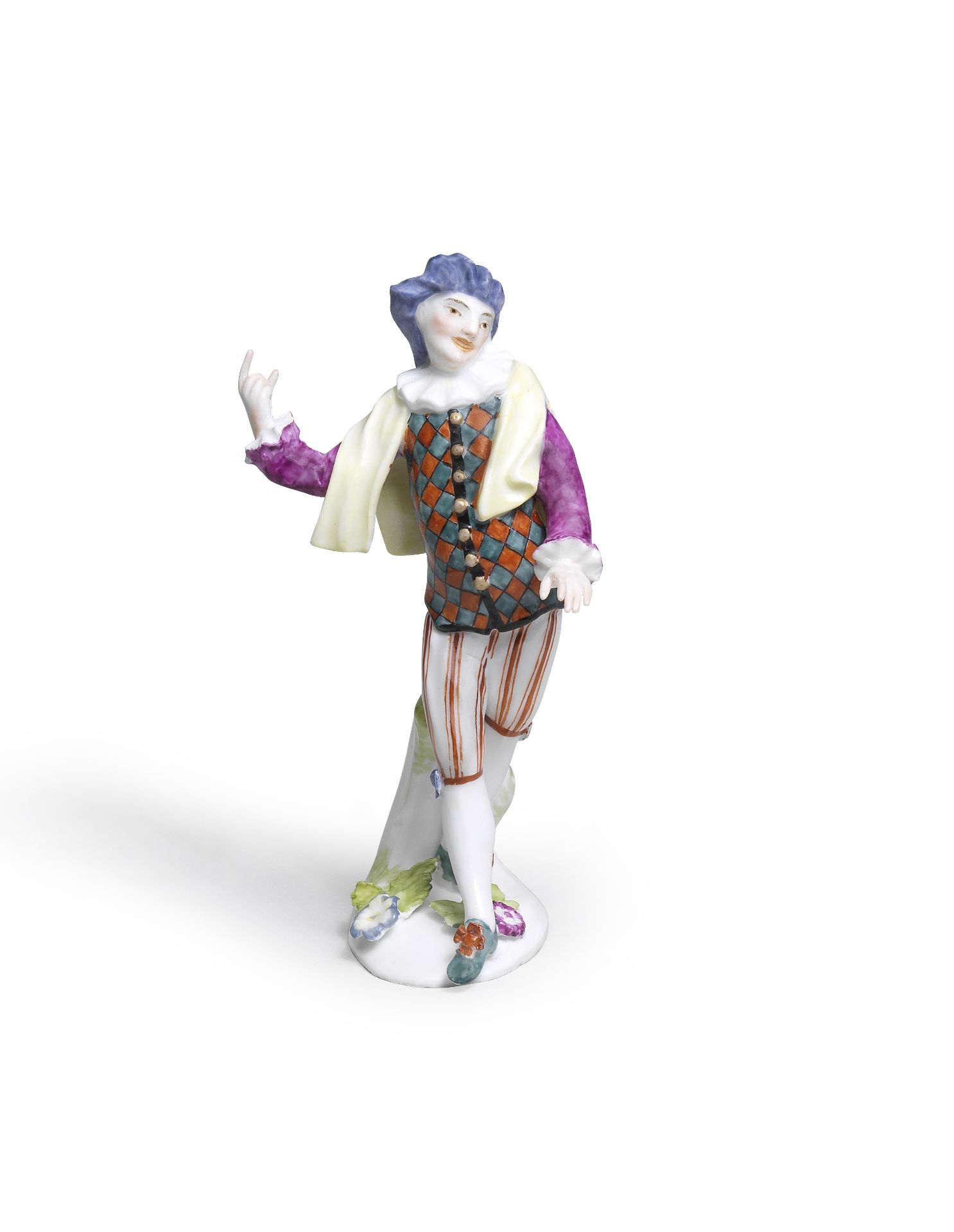 A Meissen later-decorated figure of Scaramouche from the Duke of Weissenfels series, the porcelai...