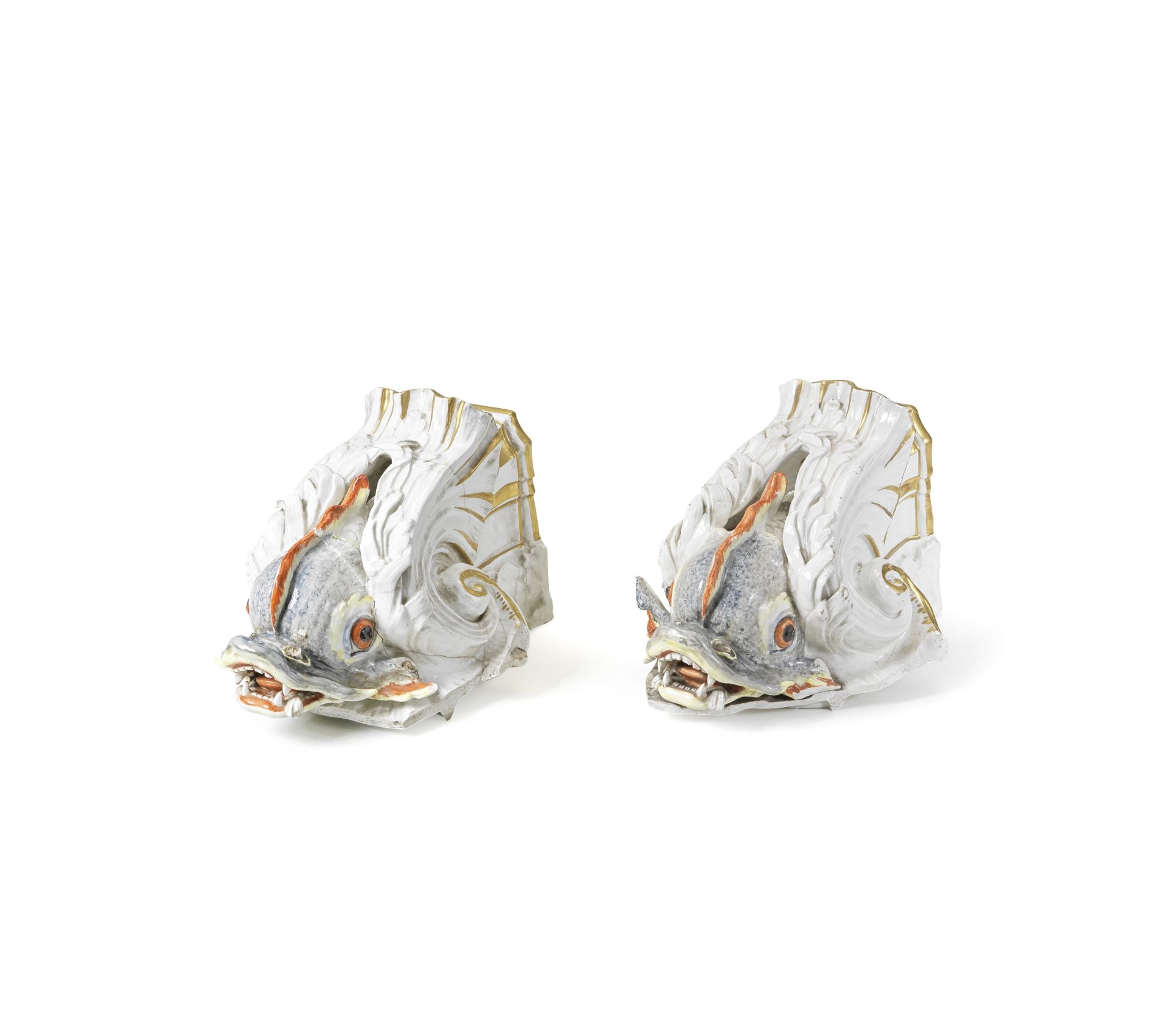 Two Meissen dolphin-head sculptural brackets from the Swan Service dessert table centrepiece, cir...