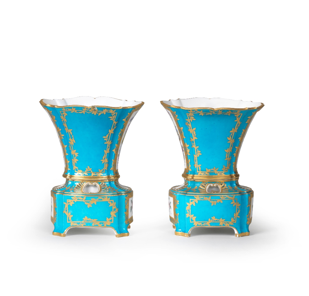 A pair of S&#232;vres blue-c&#233;leste ground flower vases (vases 'hollandois nouveau ovale'), d... - Image 5 of 6
