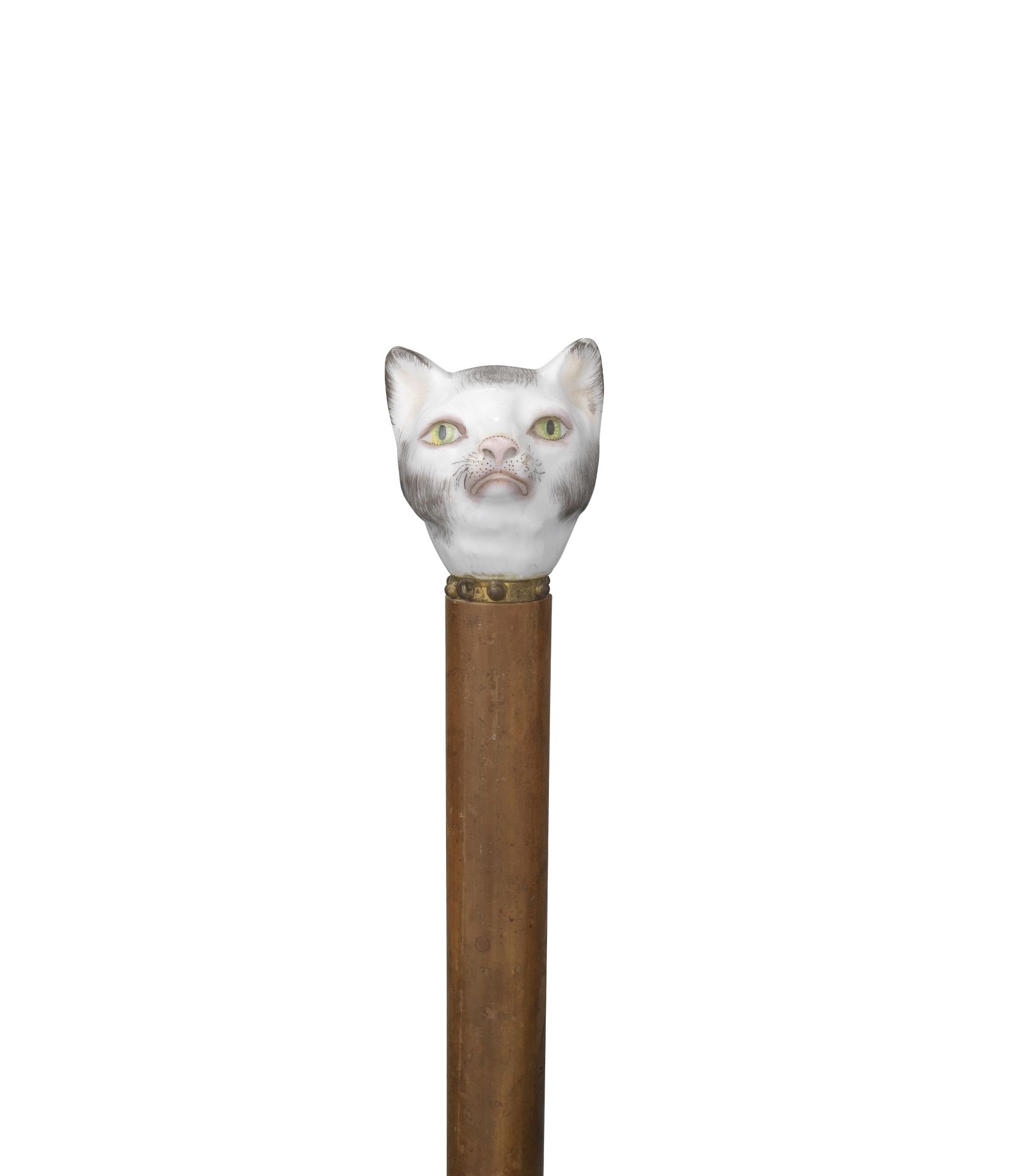A Continental porcelain cane handle in the shape of a cat's head, 19th century