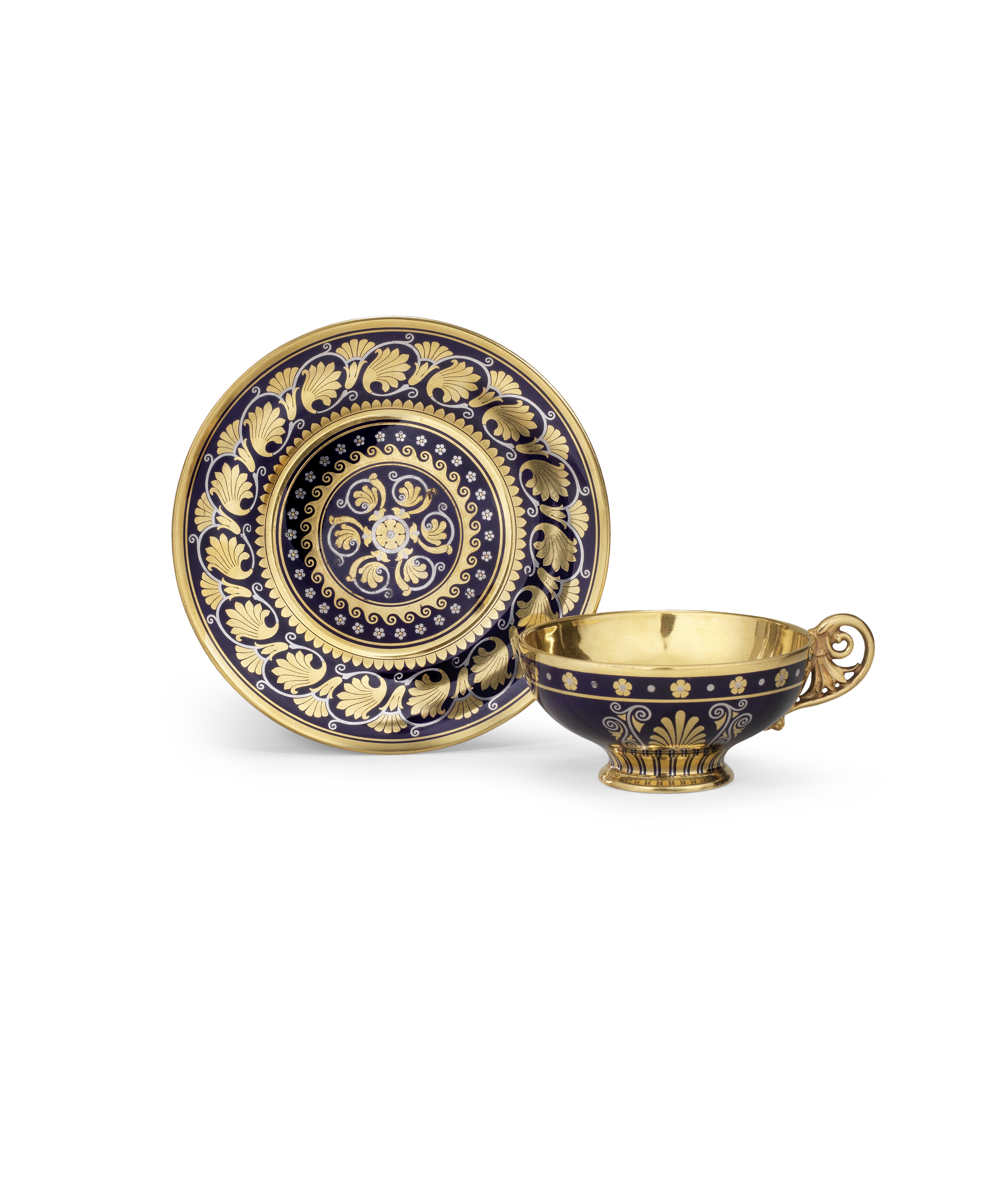 A S&#232;vres blue-ground gilt and platinum cup and saucer, circa 1820-21