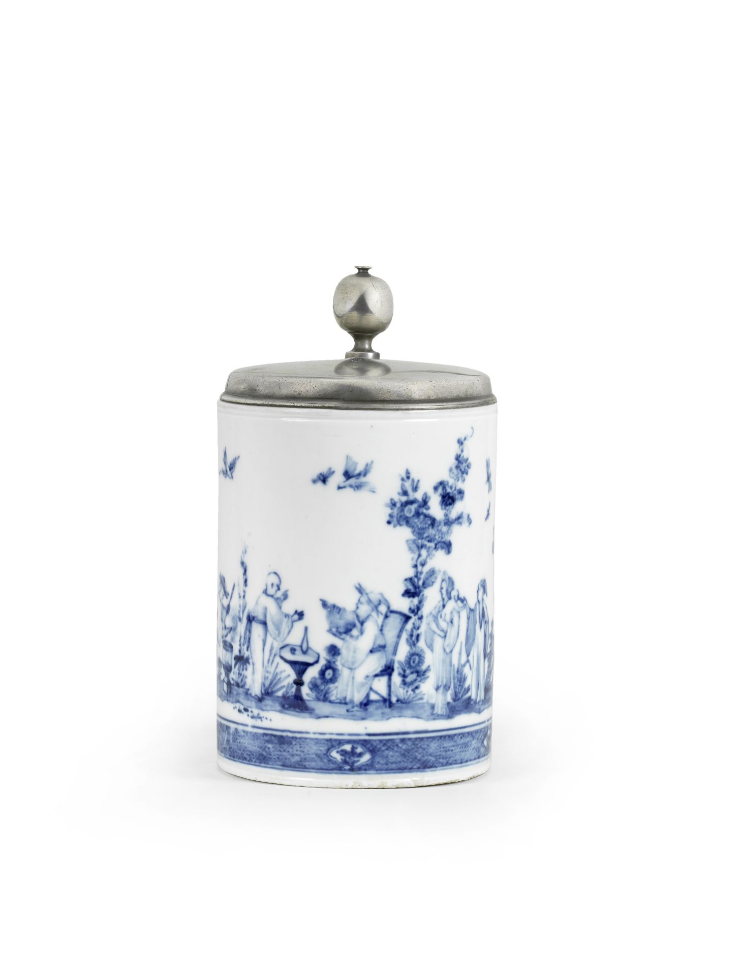 A very rare Meissen underglaze-blue-decorated large pewter-mounted cylindrical tankard, circa 172...