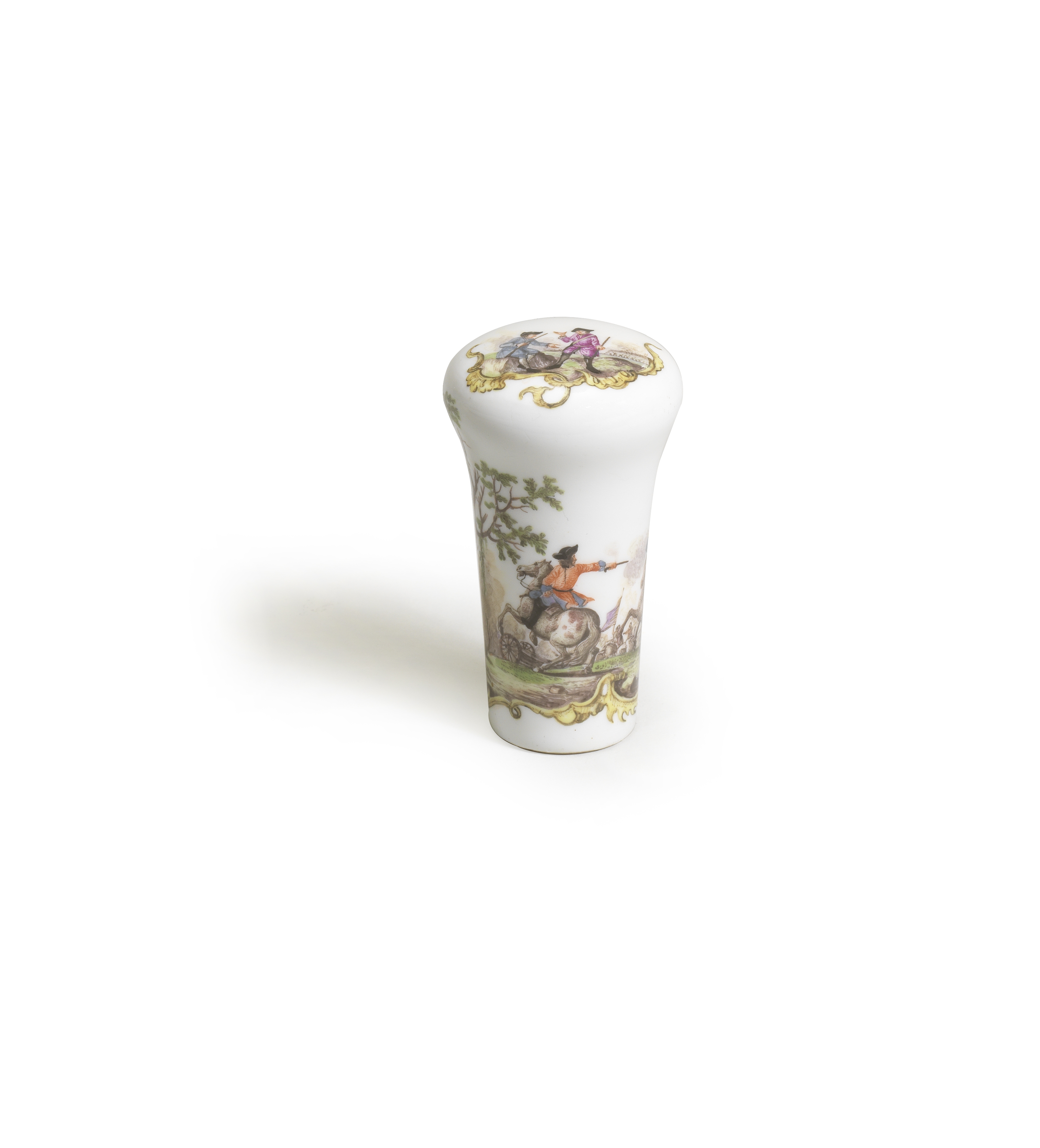 A Meissen cane handle decorated with battle scenes, mid 18th century