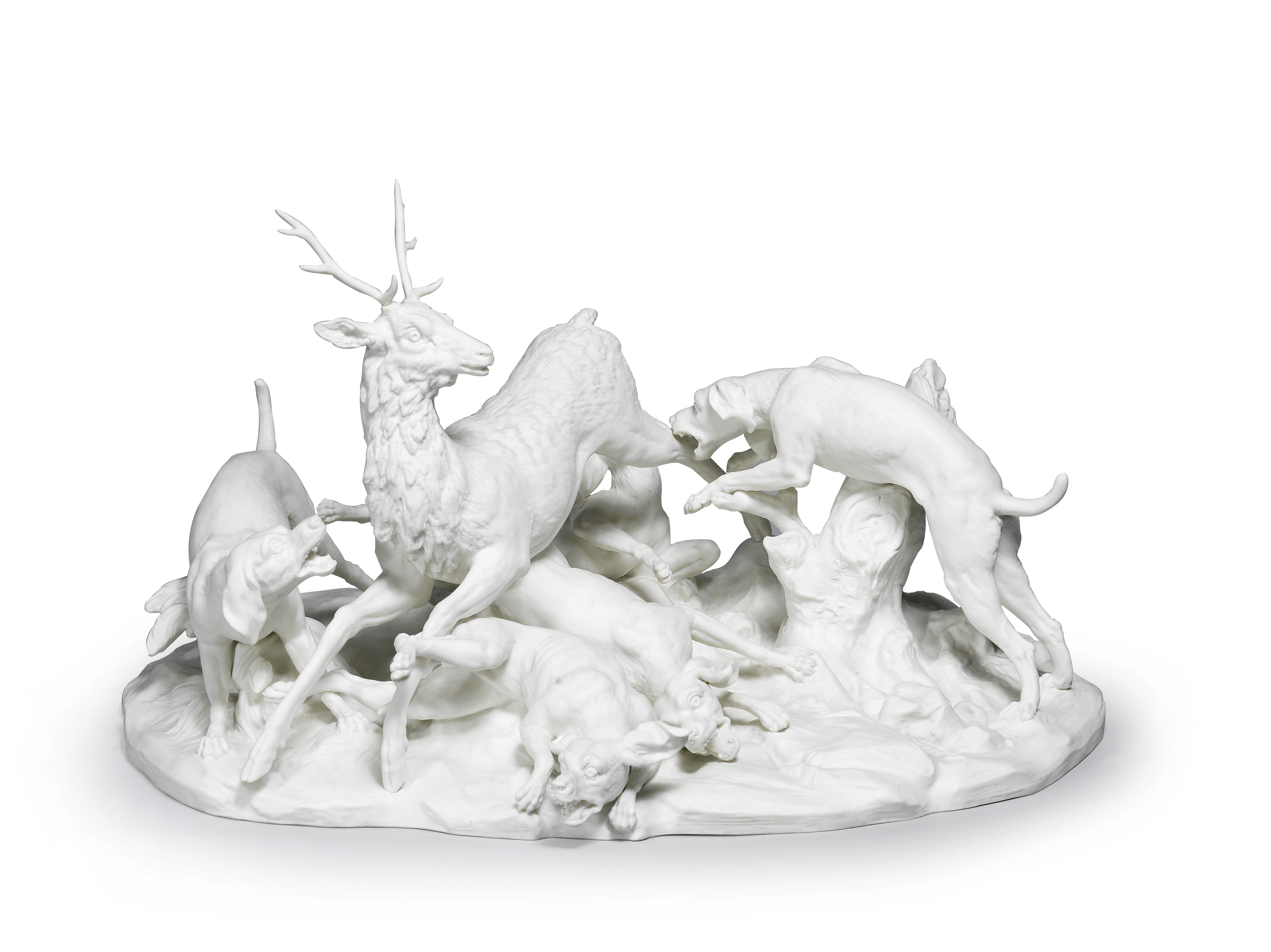 A rare S&#232;vres biscuit porcelain hunting table centrepiece after Oudry, late 19th century