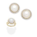 CULTURED PEARL AND DIAMOND RING AND EARCLIPS (2)