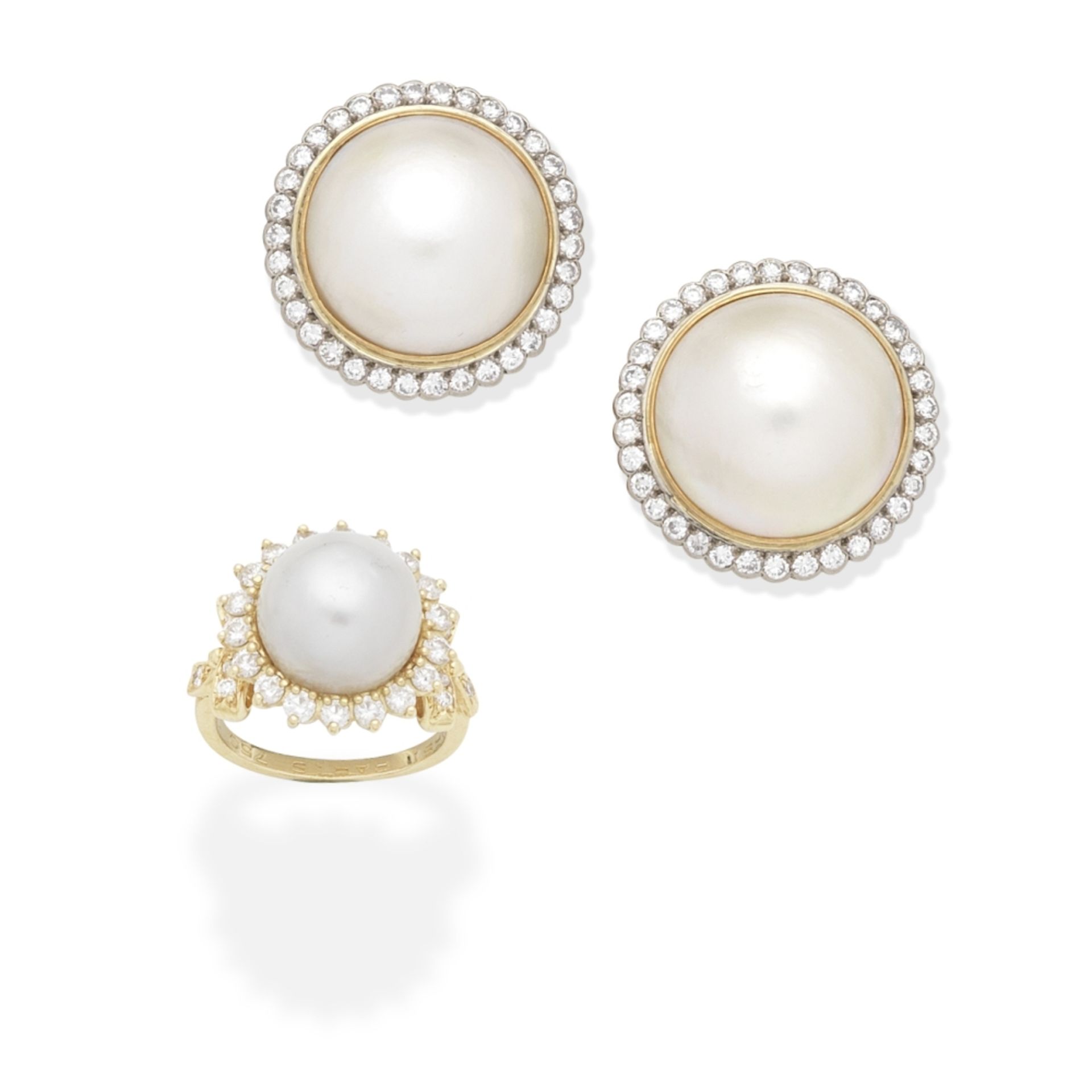 CULTURED PEARL AND DIAMOND RING AND EARCLIPS (2)