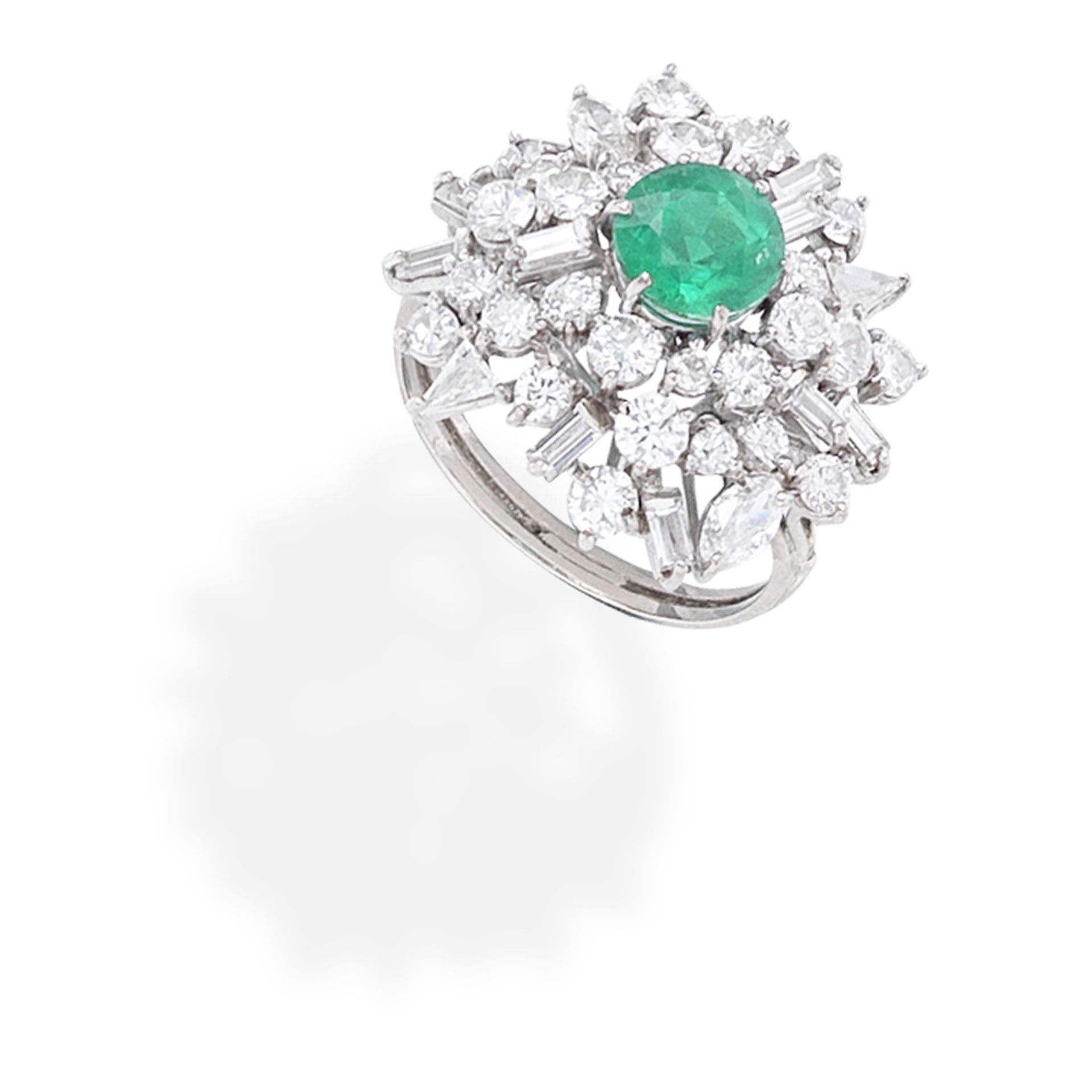 DIAMOND CLUSTER RING WITH LATER SOUD&#201; EMERALD,