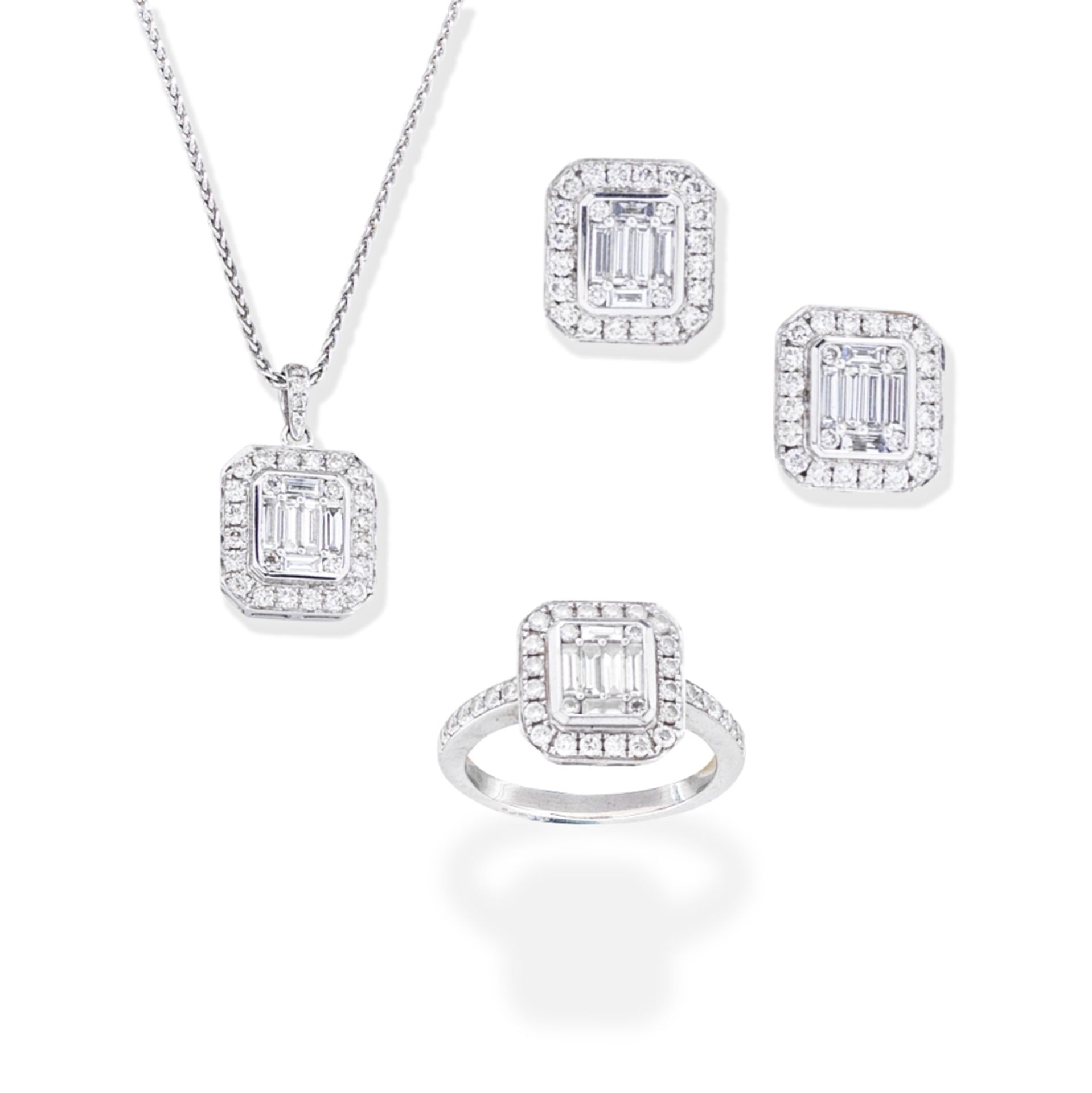 DIAMOND RING, EARRINGS AND PENDANT/NECKLACE SUITE (3)