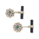 EMERALD, ONYX AND DIAMOND CUFFLINKS