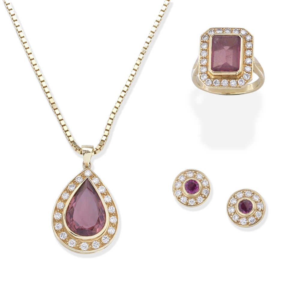 TOURMALINE AND DIAMOND PENDANT, RING AND EARRING SUITE (3)