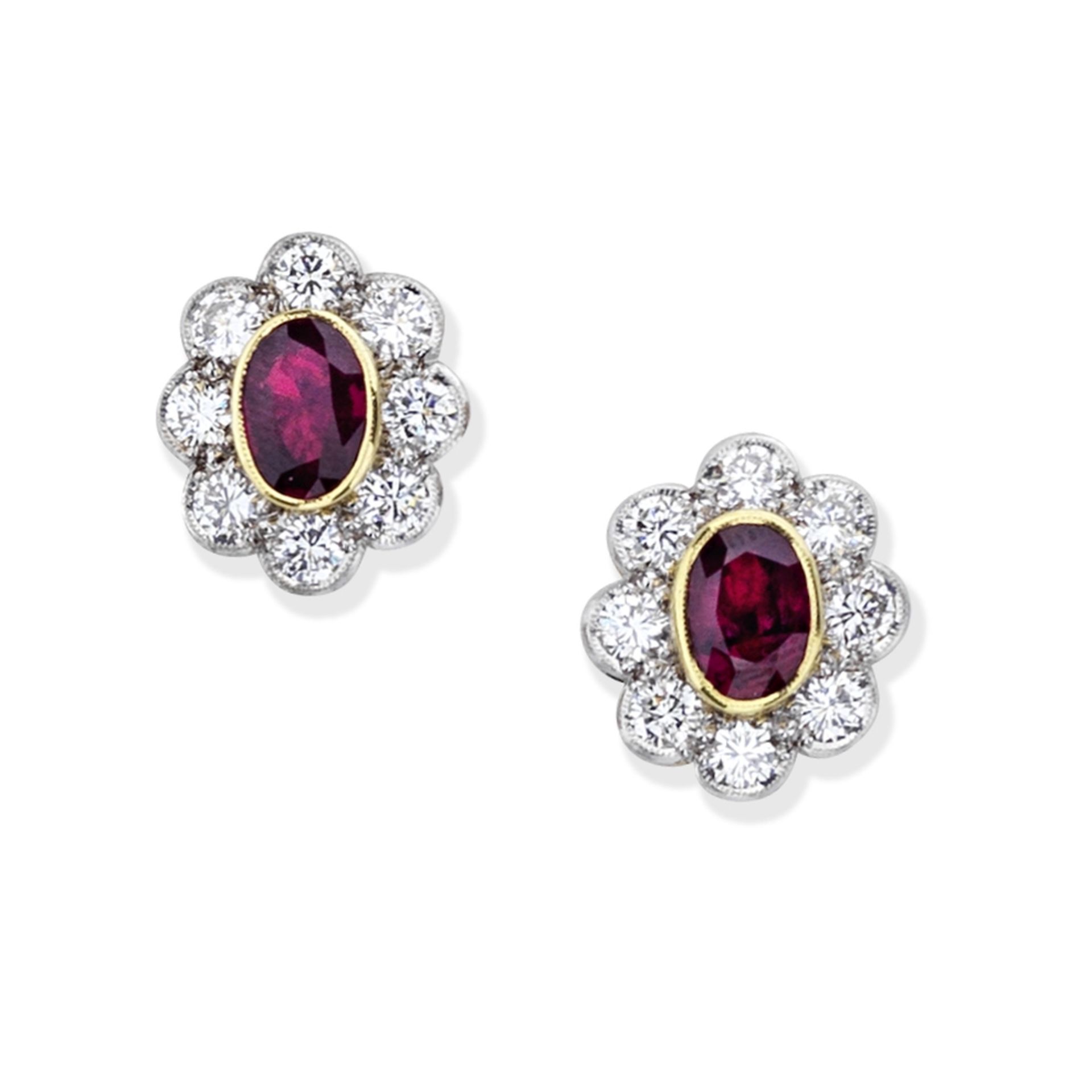 RUBY AND DIAMOND CLUSTER EARRINGS, - Bild 2 aus 2