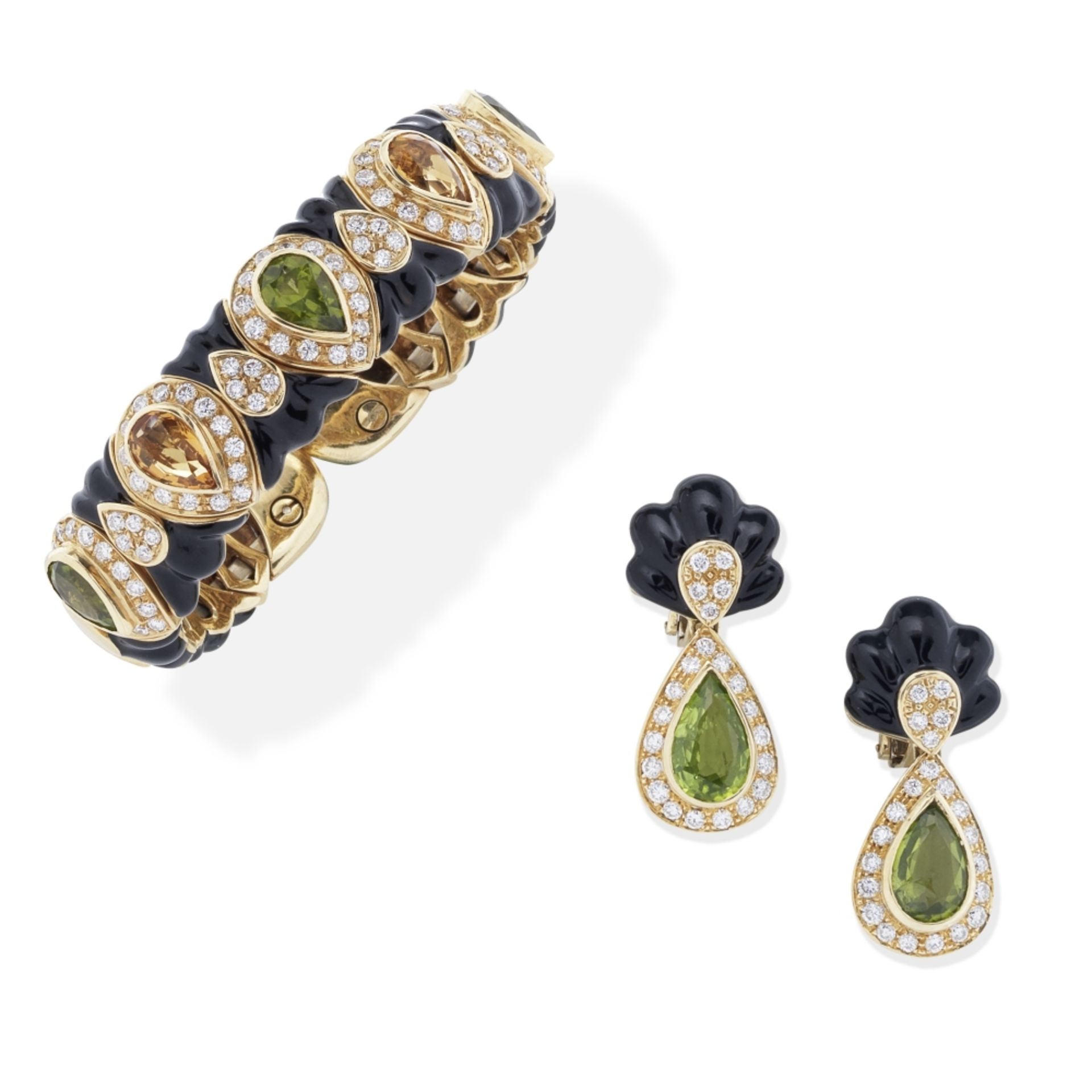 GEM-SET, DIAMOND AND ENAMEL BANGLE AND EARRING SUITE (2) - Image 2 of 2