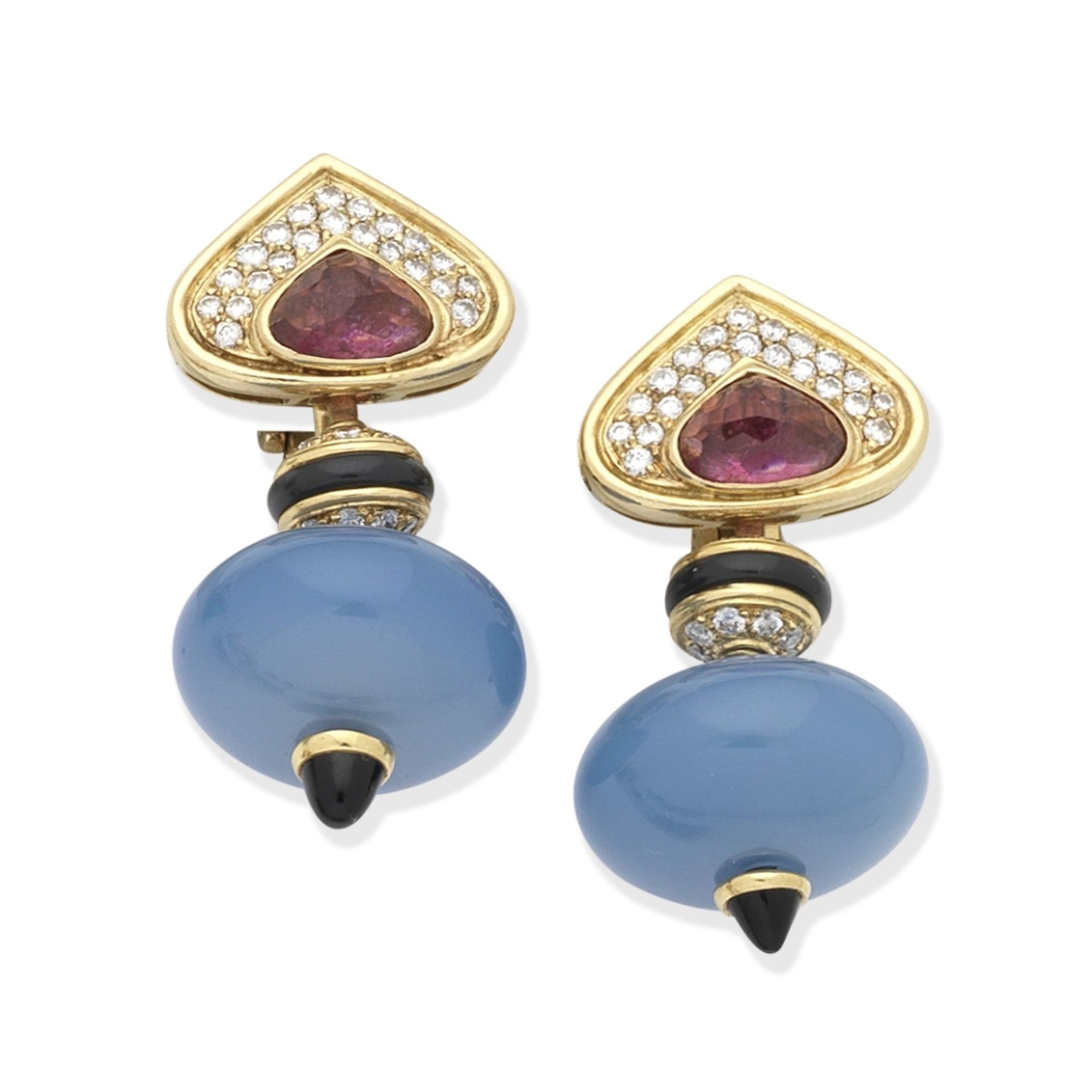 MARINA B: GEM AND DIAMOND-SET PENDENT EARRINGS, CIRCA 1980 - Image 2 of 2