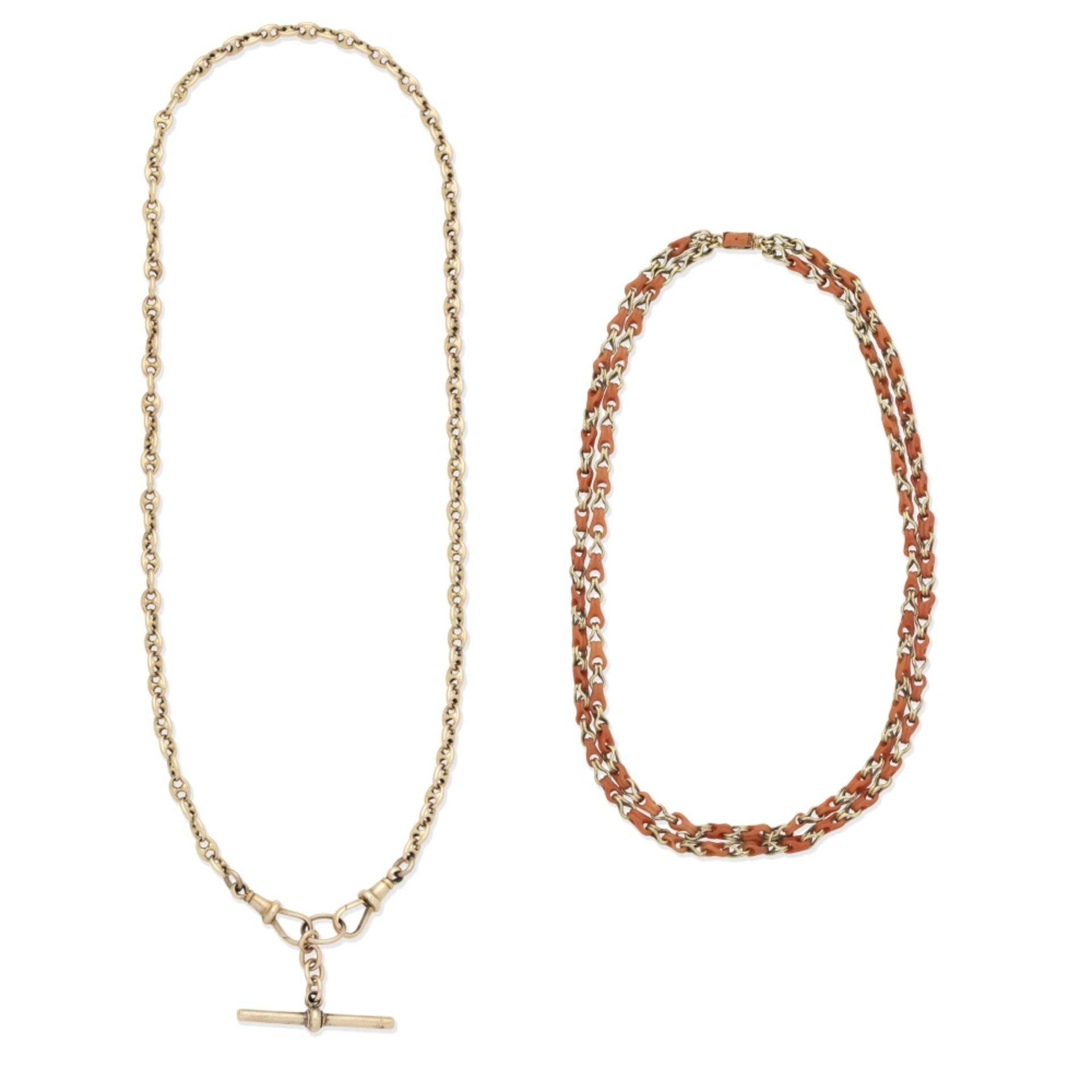 CORAL NECKLACE; ALBERT CHAIN (2)