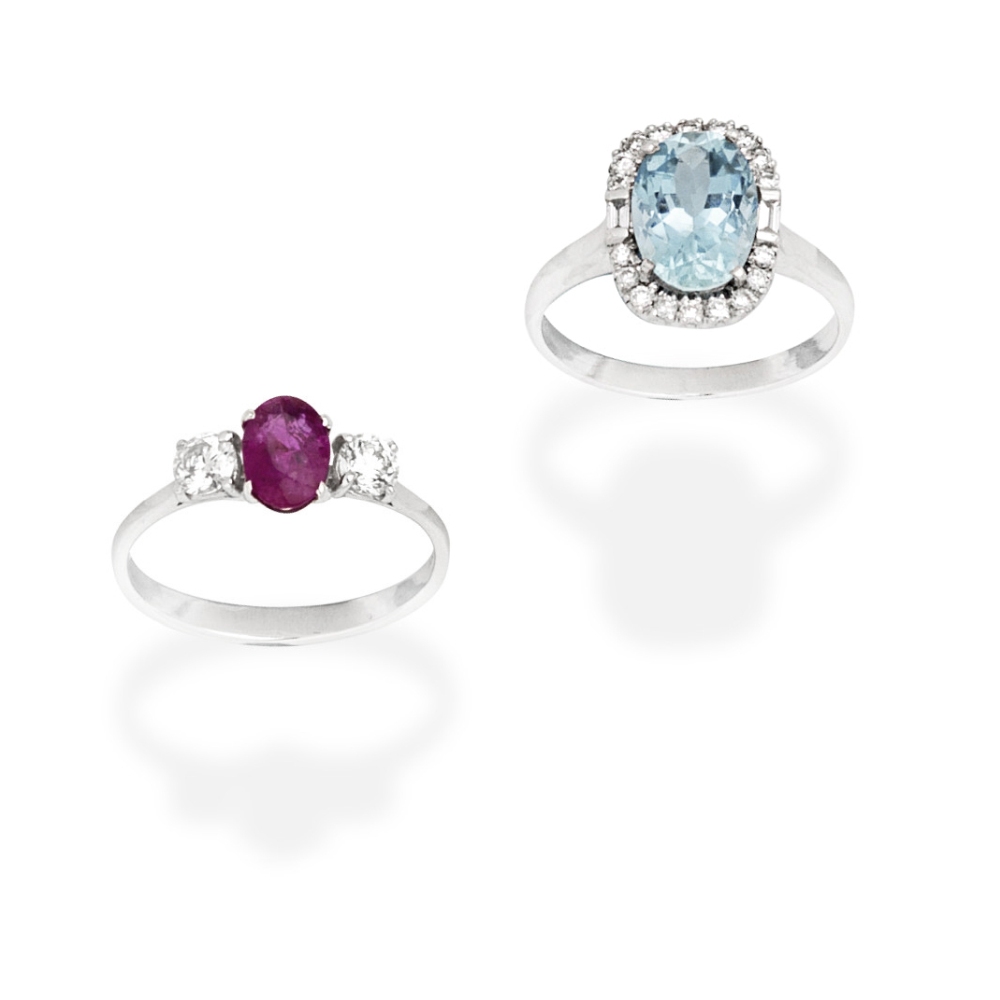 RUBY AND DIAMOND RING; AQUAMARINE AND DIAMOND RING (2)