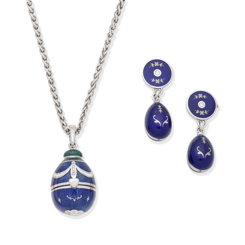 FABERG&#201;: DIAMOND AND ENAMEL PENDANT/NECKLACE AND EARRINGS (2) - Image 2 of 2