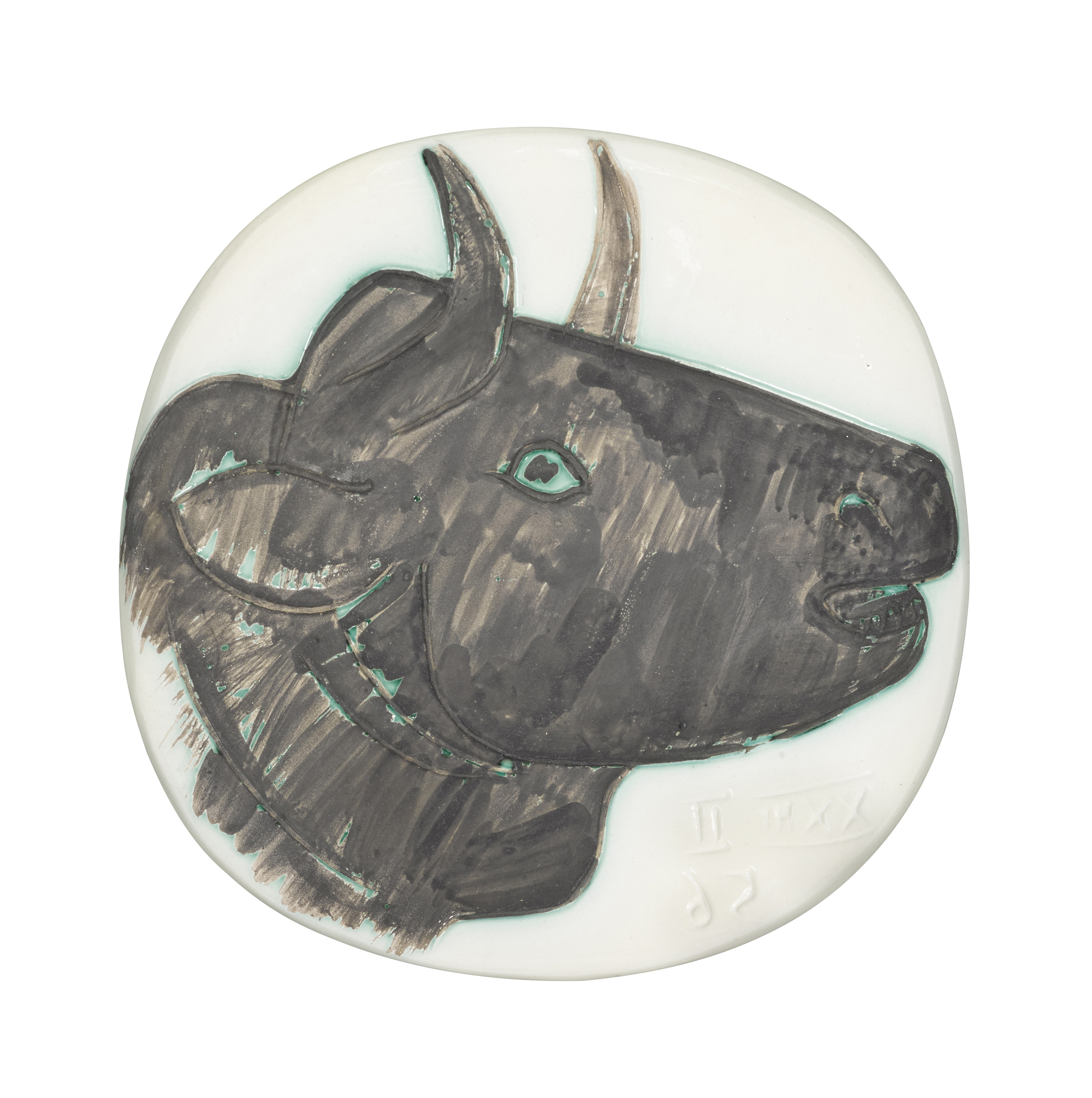 Pablo Picasso (1881-1973) Profil de taureau white earthenware ceramic plaque with black oxide and...