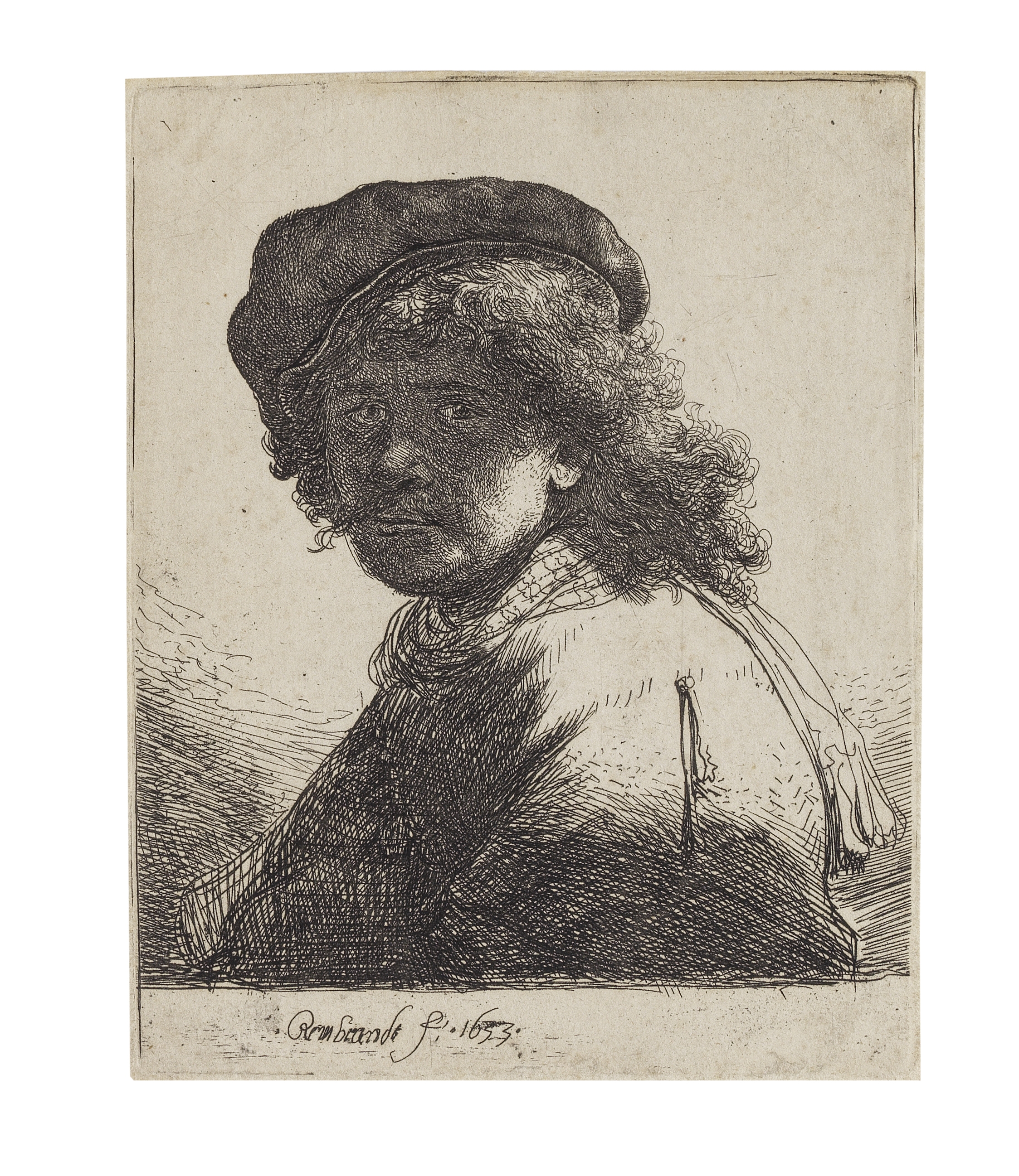 Rembrandt Harmensz van Rijn (1606-1669) Self-Portrait in a Cap and Scarf with the Face dark: Bust...