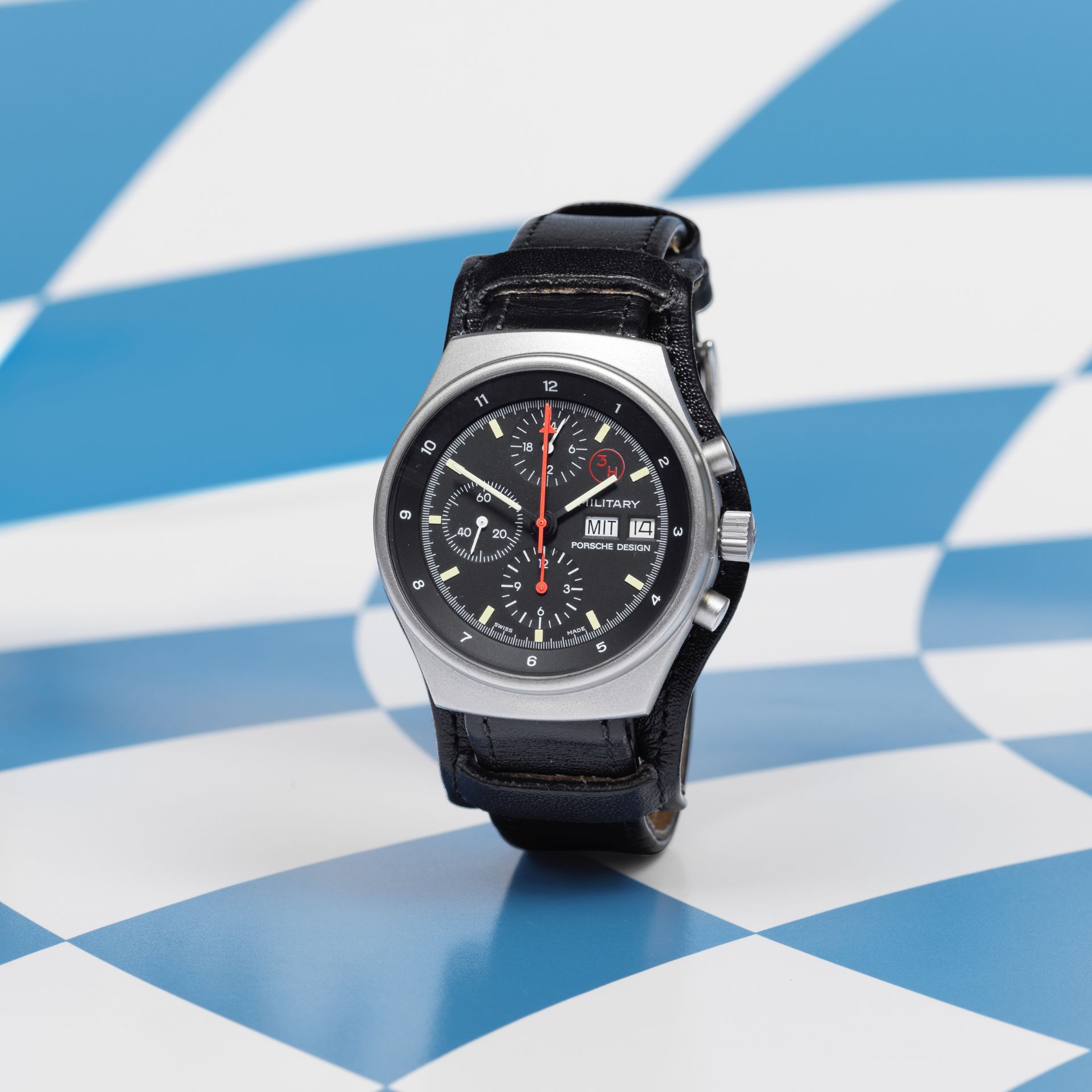 Orfina Porsche Design. A military issue stainless steel automatic calendar chronograph wristwatch...