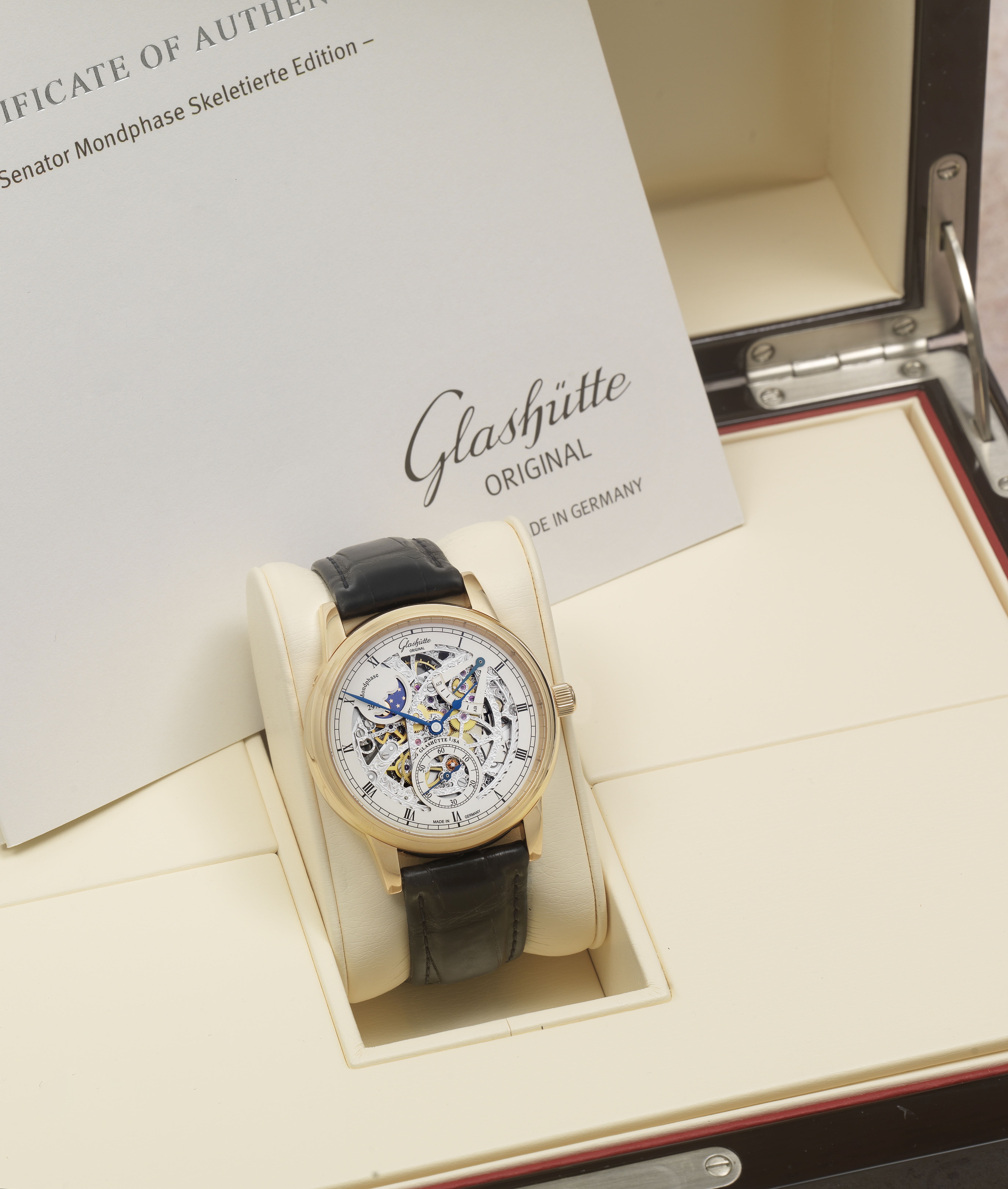 Glash&#252;tte Original. A fine Limited Edition 18K rose gold skeletonised manual wind wristwatch...