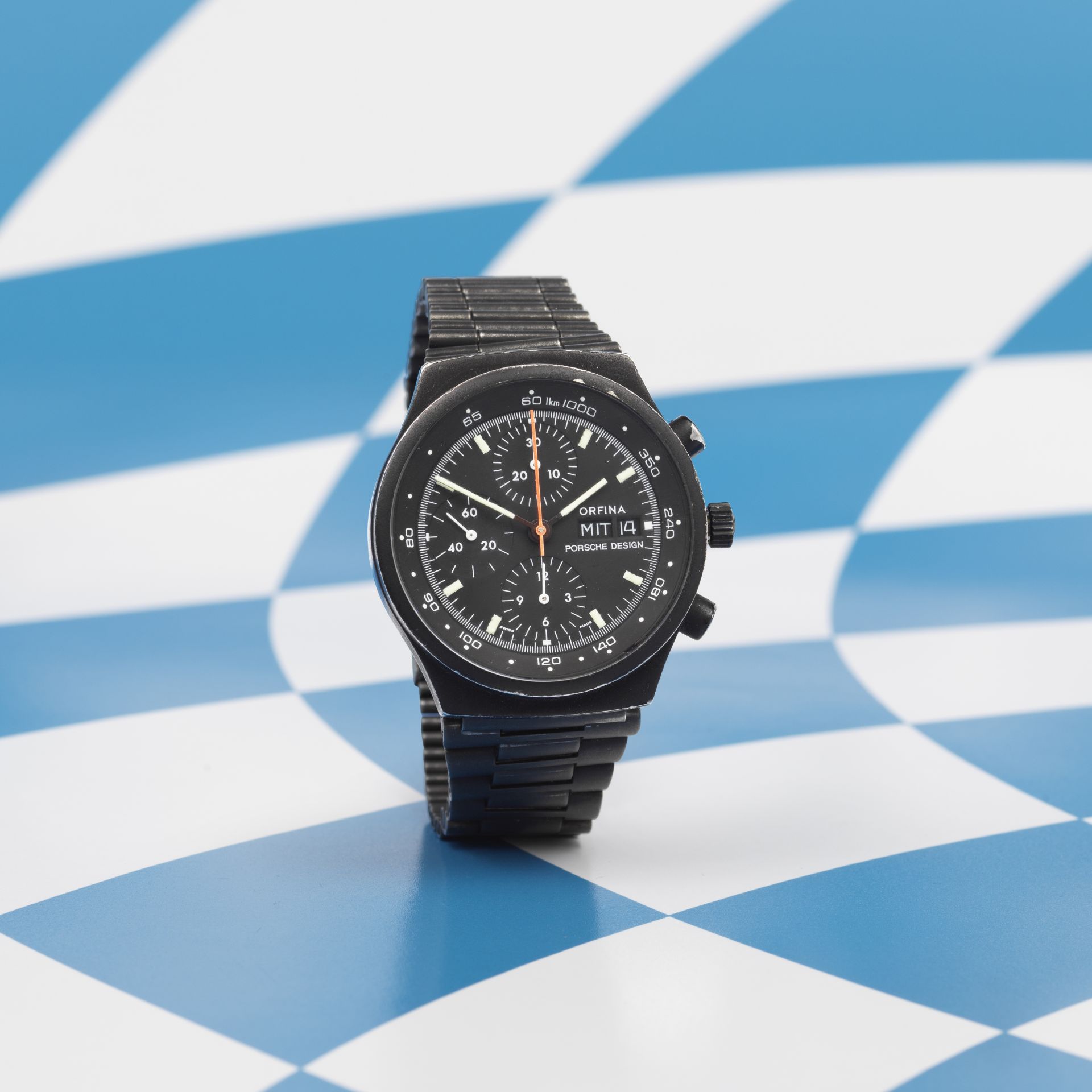 Orfina Porsche Design. A black PVD coated stainless steel automatic calendar chronograph bracelet...