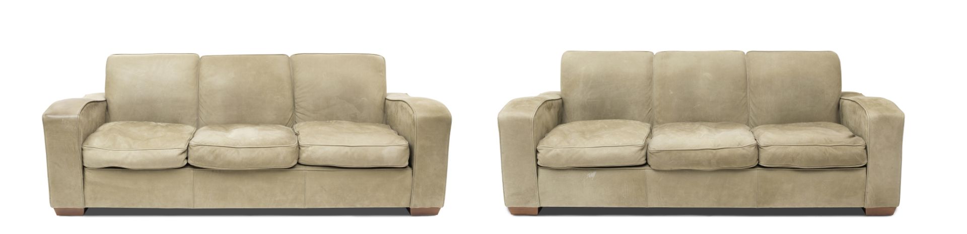 A large pair of green leather upholstered three-seater sofasSupplied by Art Forma (Furniture) Ltd...