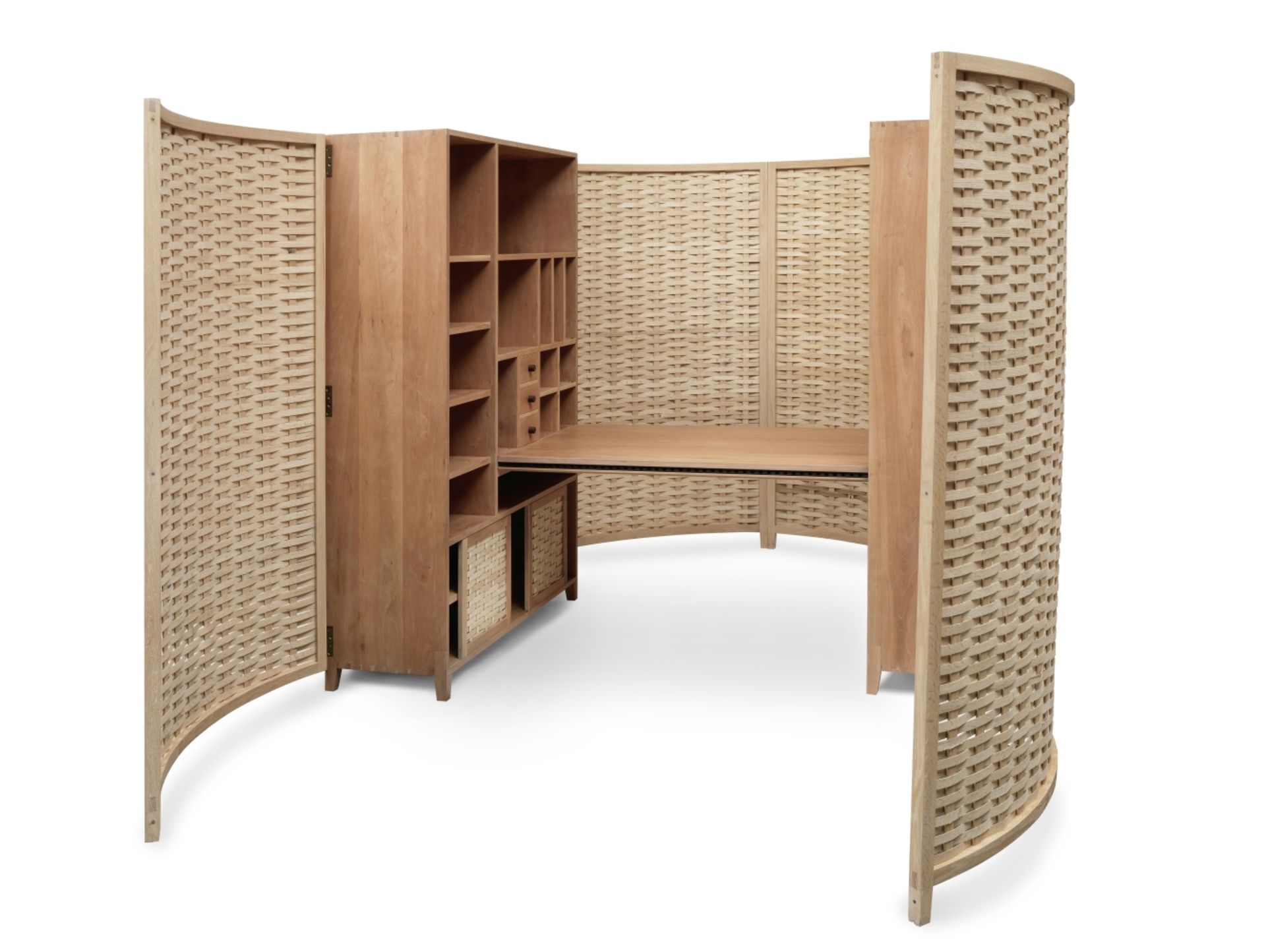 A 'cocoon' American cherry and American red oak deskCommissioned by Sir Terence Conran, designed ...