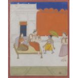 Krishna seated in a pavilion with attendants, Radha and a maiden at a distance, perhaps from a Na...