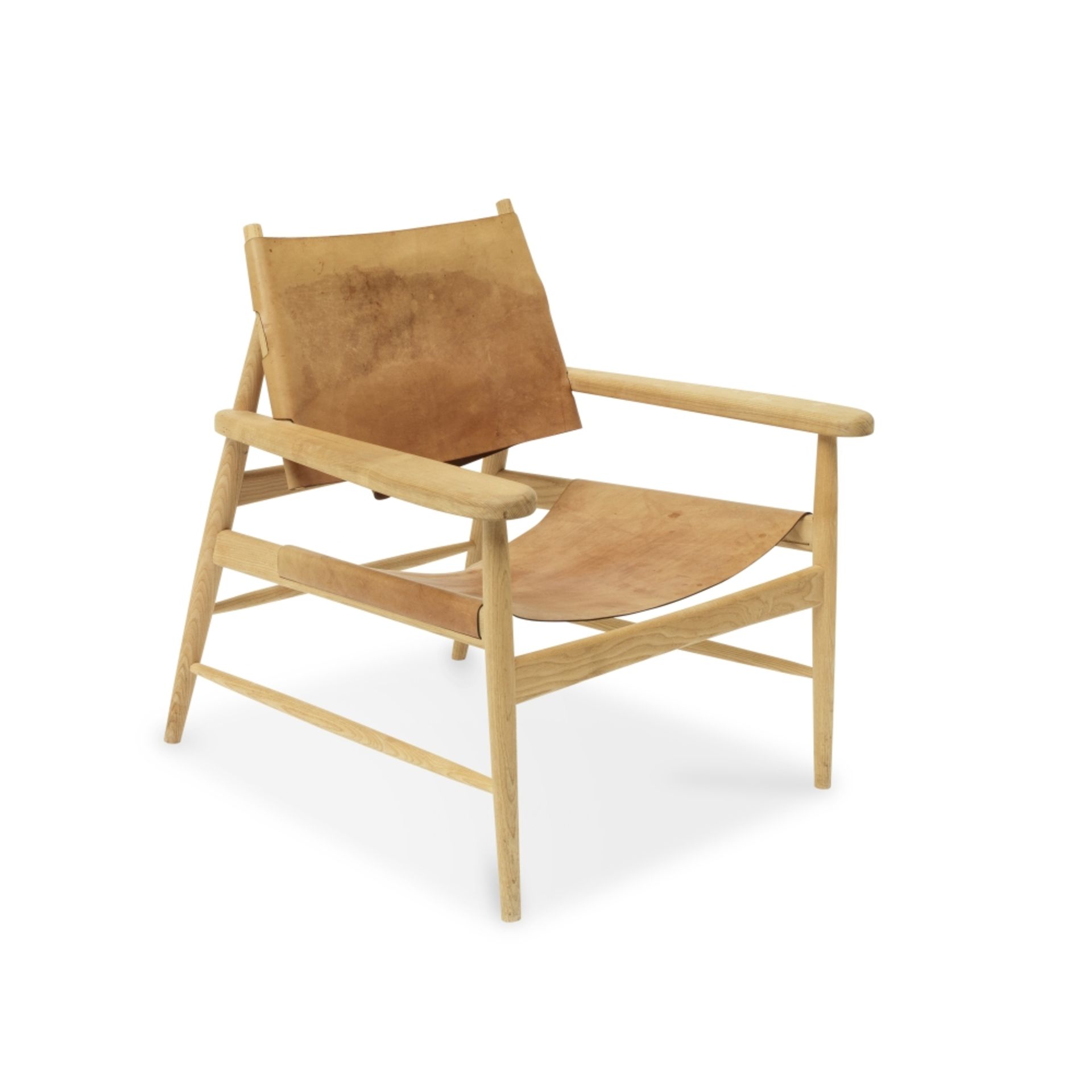 A prototype beech and leather safari-type armchairDesigned by Sir Terence Conran, made by Benchma...
