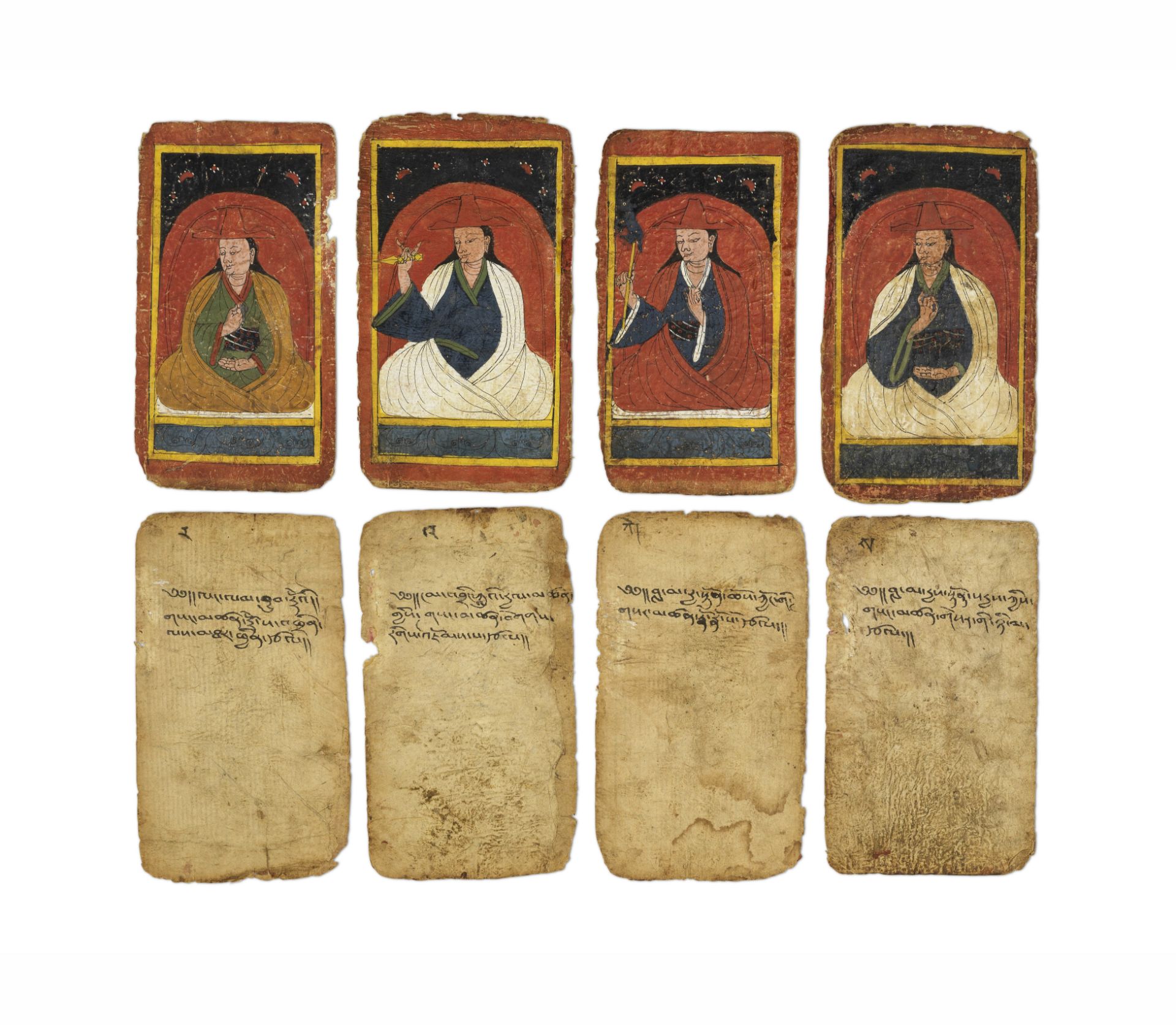 ENSEMBLE DE NEUF CARTES REPR&#201;SENTANT DES LIGN&#201;ES DES LAMAS B&#214;N TIBET, XIVE/XVE SI...