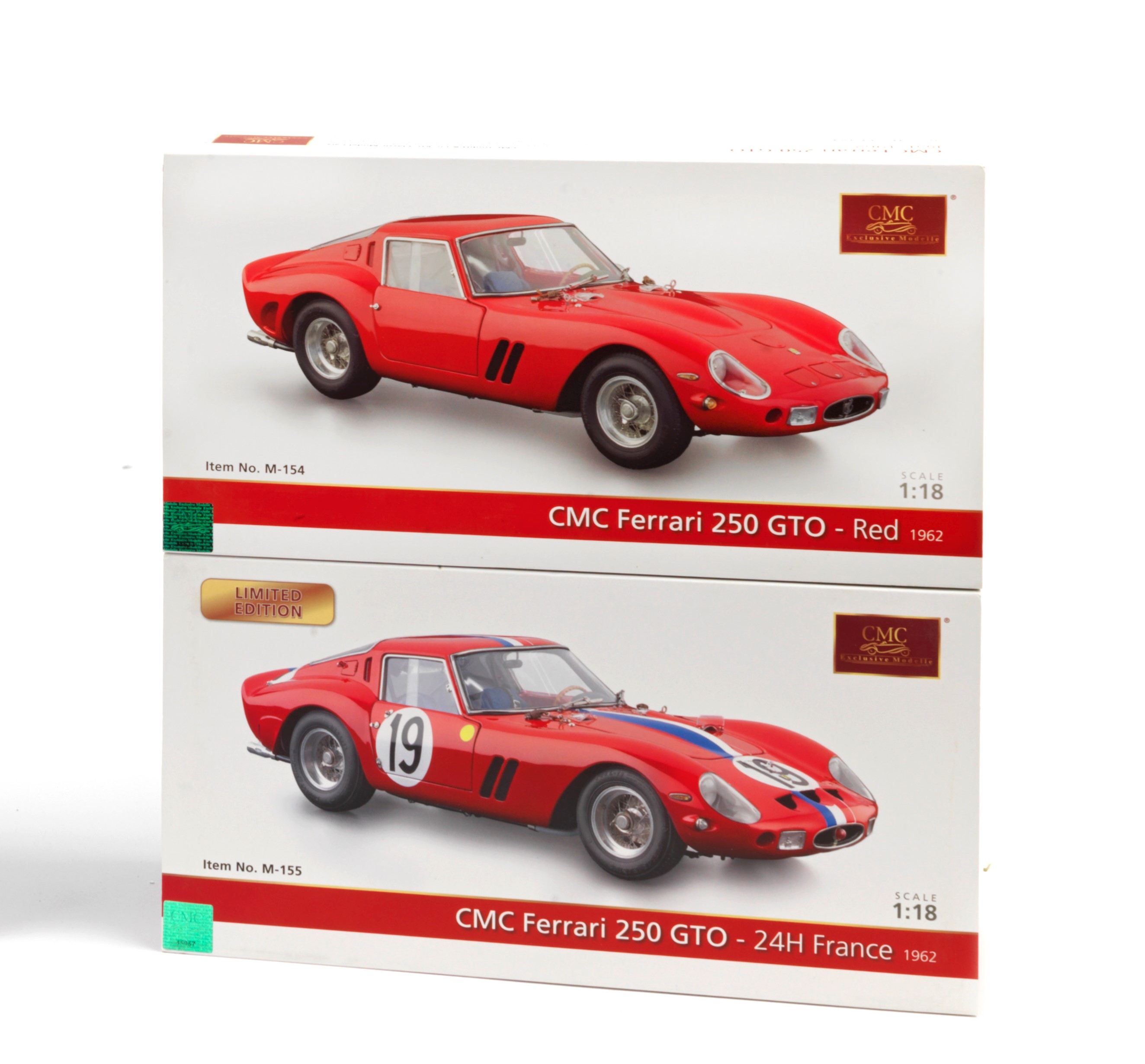 Two boxed 1:18 scale 1962 Ferrari 250 GTO models, by CMC Models of Germany, ((2))