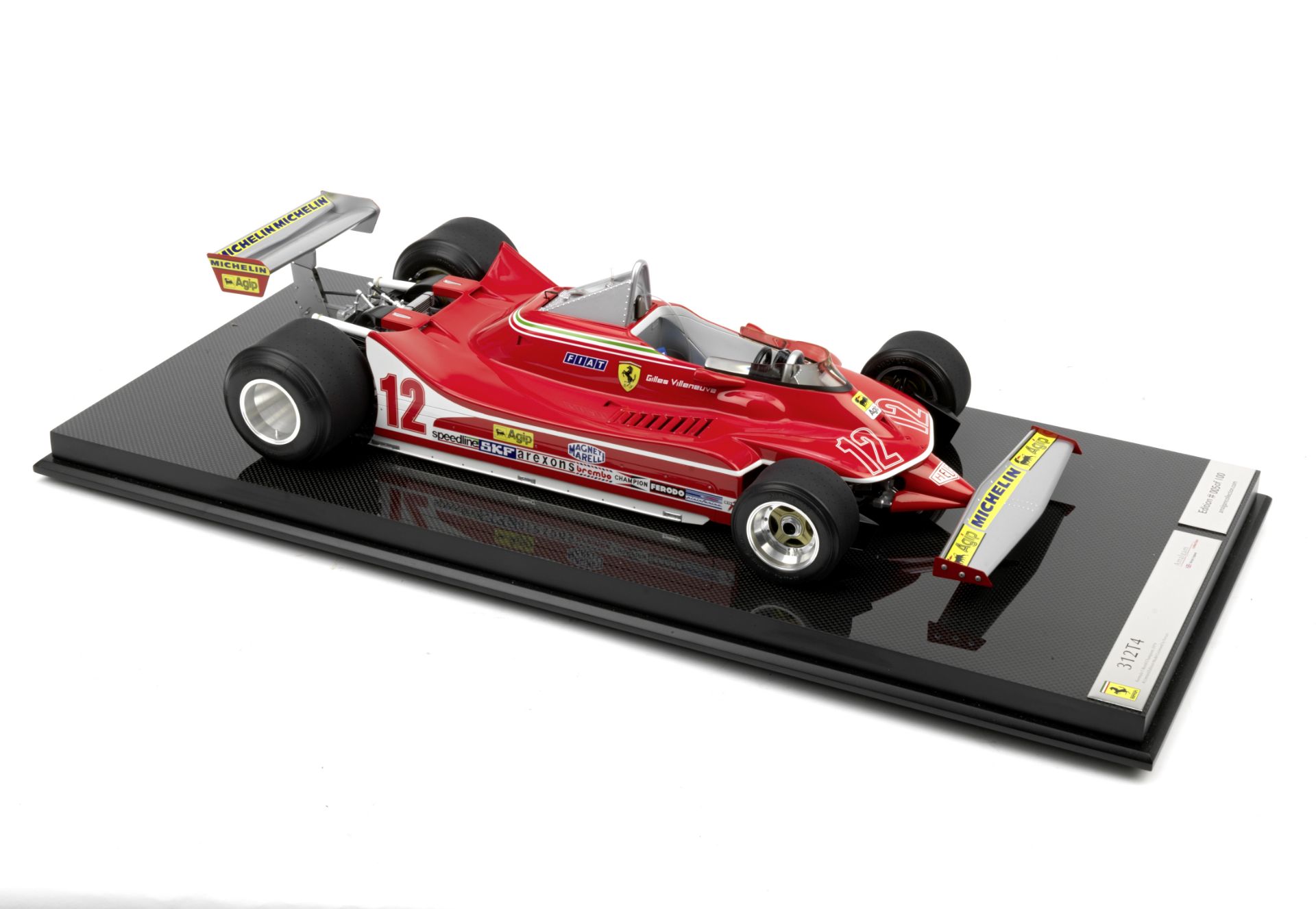 A 1:8 scale limited edition model of Gilles Villeneuve's 1979 F1 Season Ferrari 312 T4, by Amalgam,