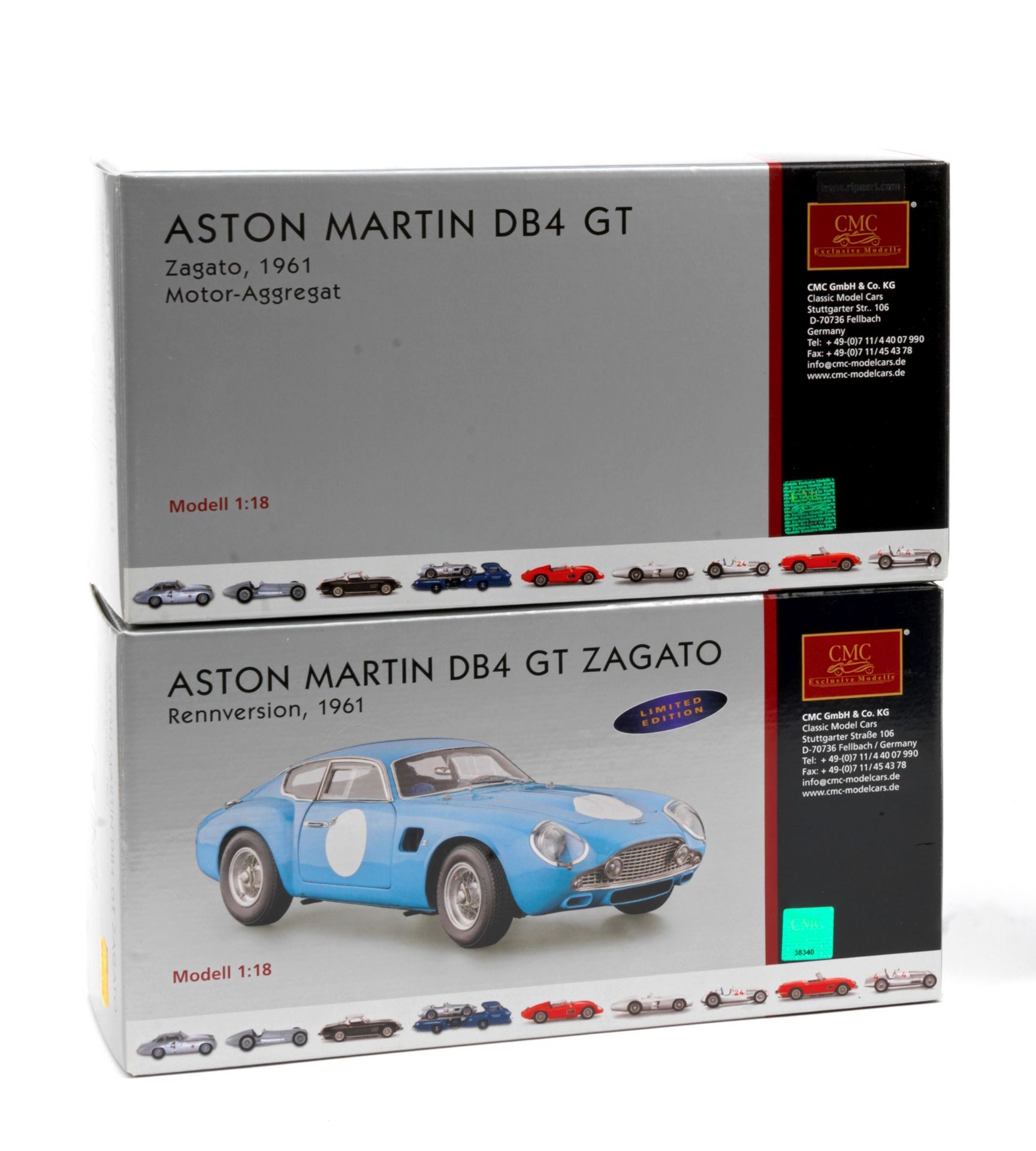 Two boxed 1:18 scale models of a 1961 Aston Martin DB4 GT Zagato and engine, by CMC Models of Ger...